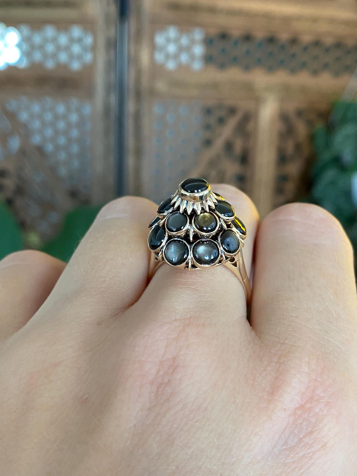 Vintage Solid 14k Yellow Gold Star Sapphire Cluster Ring - Size 7.75