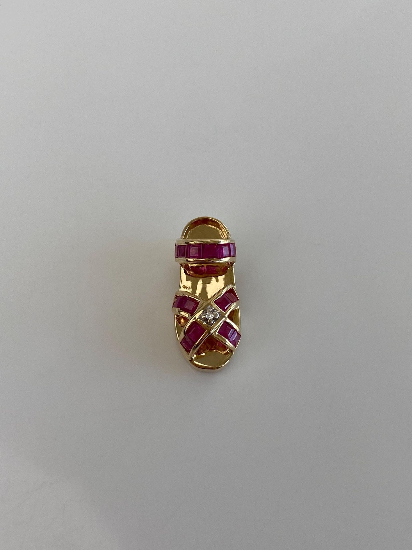 Vintage Solid 14k Yellow Gold Diamond Pink Sapphire Shoe Charm