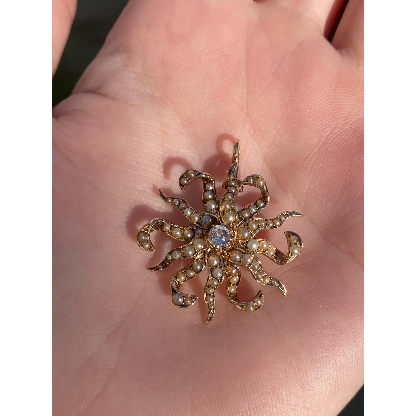 Vintage Solid 14k Yellow Gold Diamond Seed Pearl Wavy Star Charm