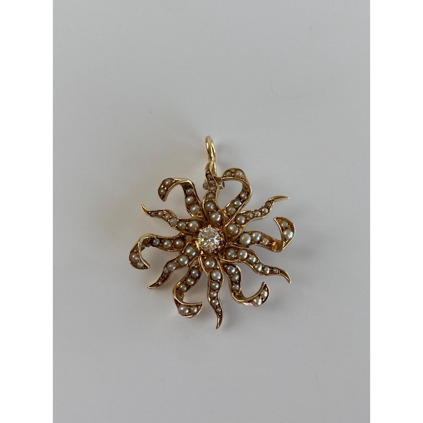 Vintage Solid 14k Yellow Gold Diamond Seed Pearl Wavy Star Charm