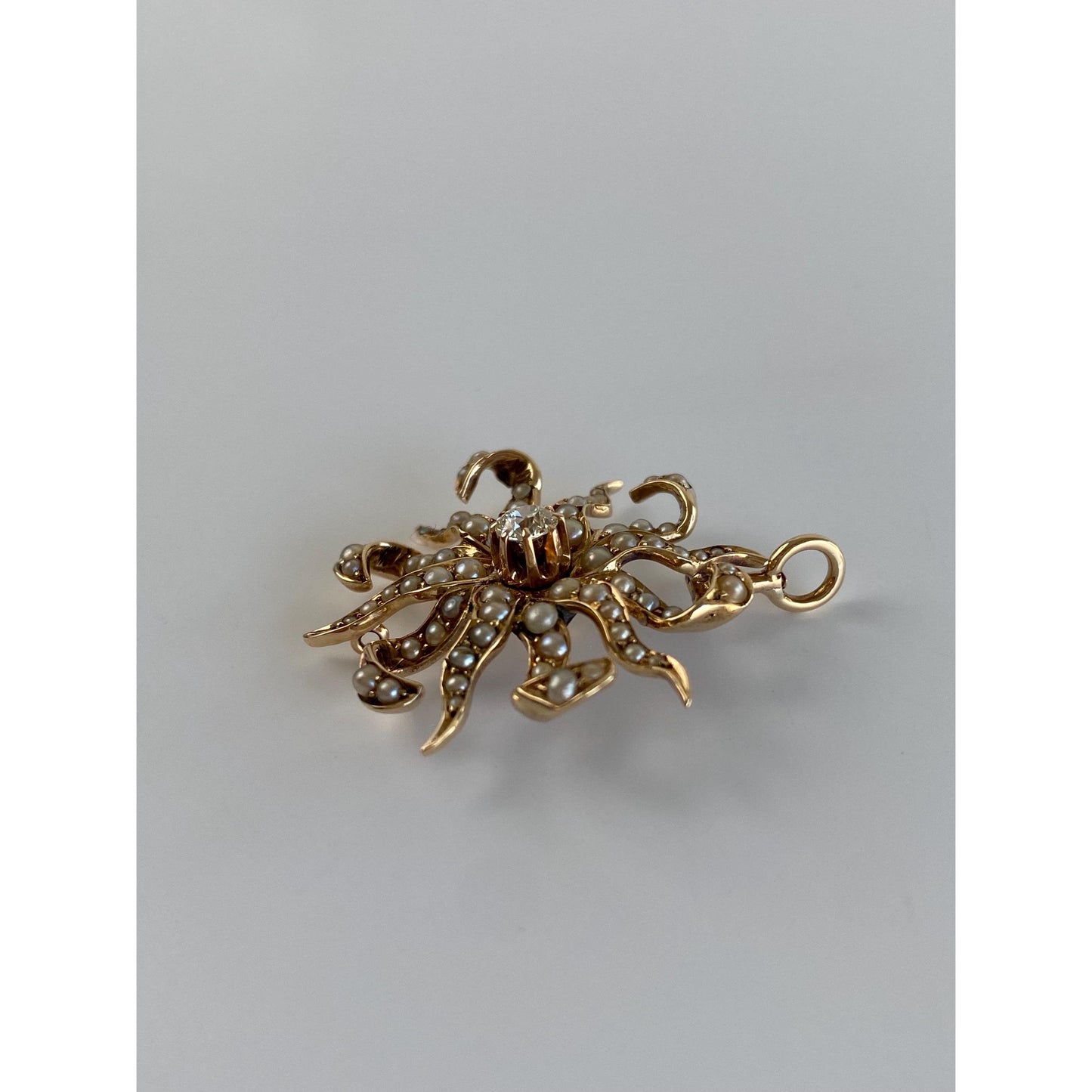 Vintage Solid 14k Yellow Gold Diamond Seed Pearl Wavy Star Charm