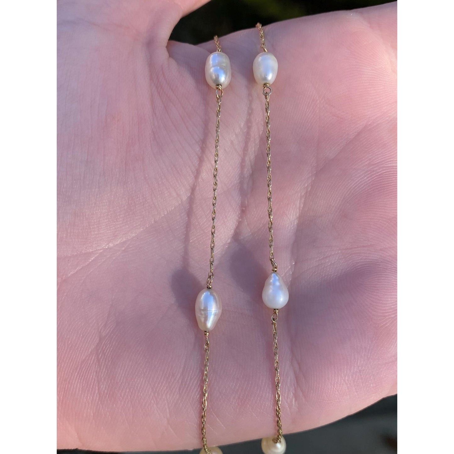 Vintage Solid 14k Yellow Gold Pearl Dainty Chain Necklace - 31 inches