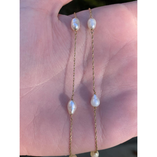 Vintage Solid 14k Yellow Gold Pearl Dainty Chain Necklace - 31 inches