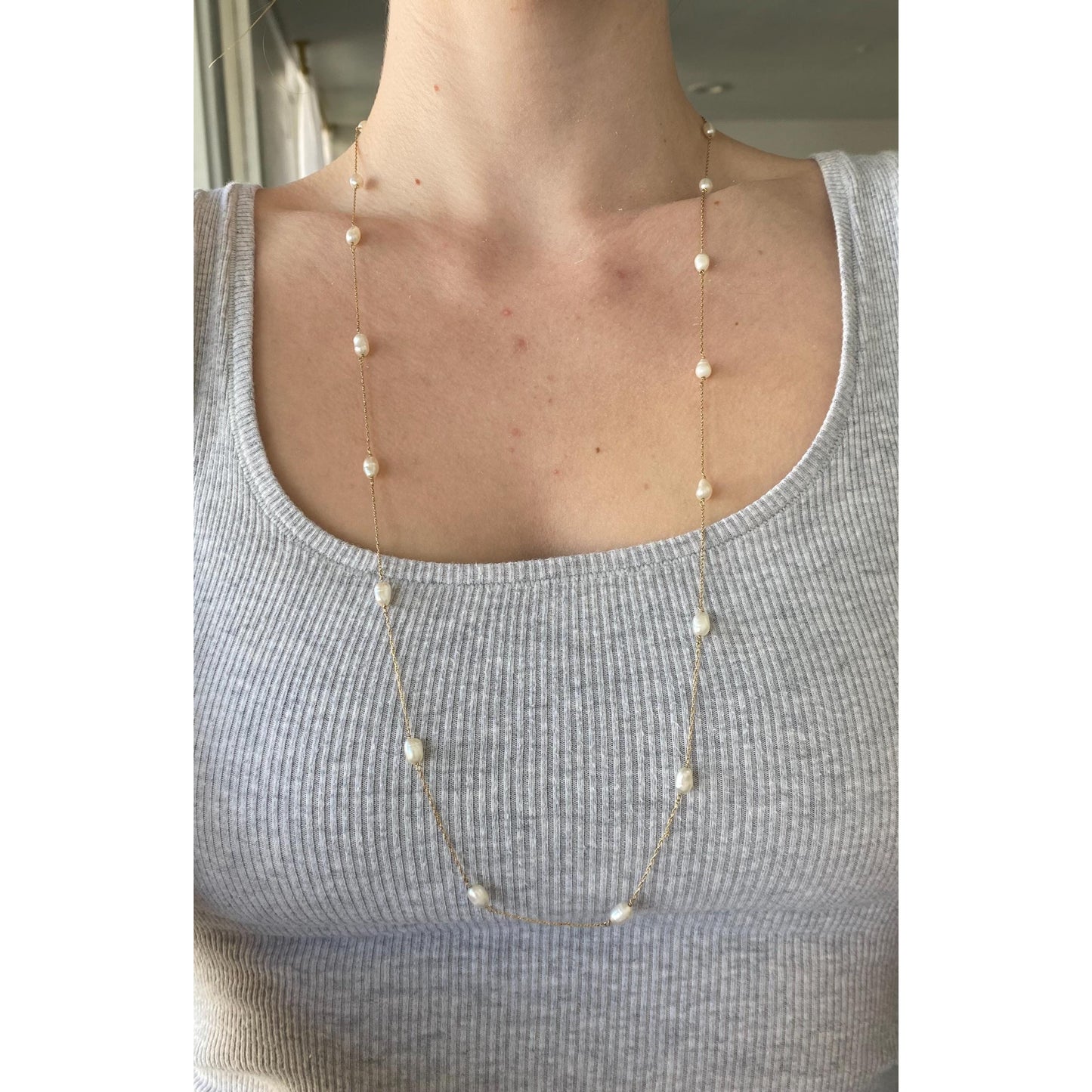 Vintage Solid 14k Yellow Gold Pearl Dainty Chain Necklace - 31 inches