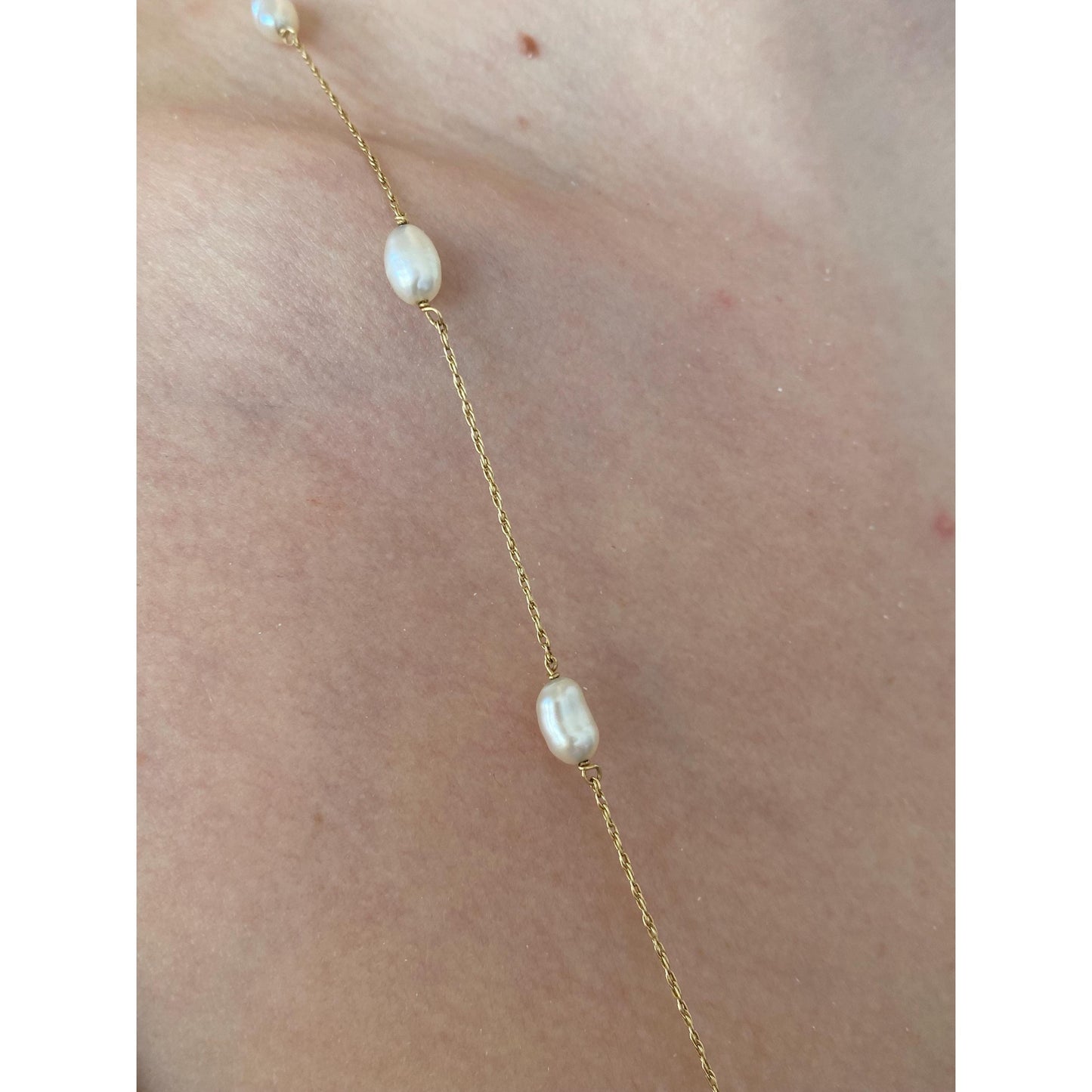 Vintage Solid 14k Yellow Gold Pearl Dainty Chain Necklace - 31 inches