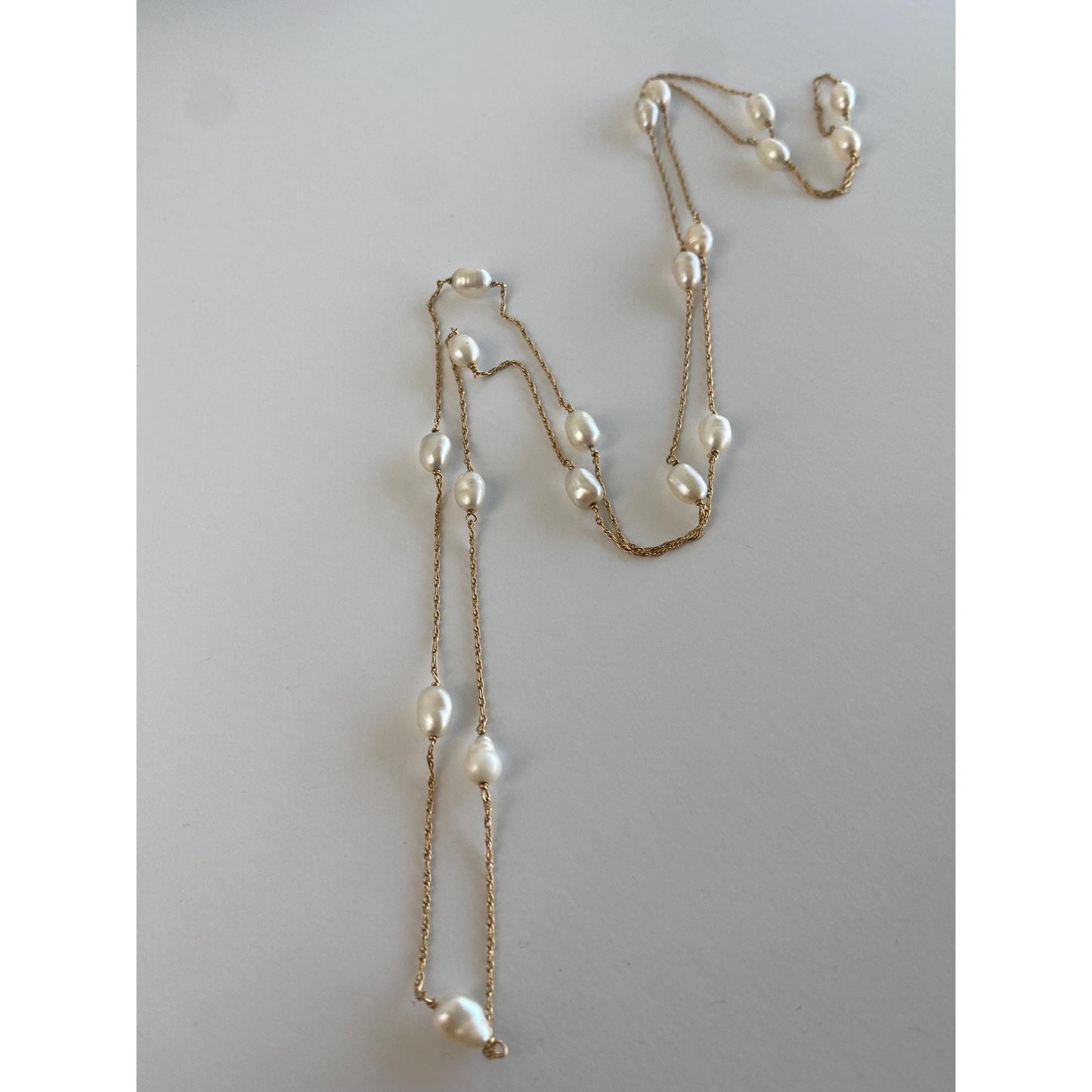 Vintage Solid 14k Yellow Gold Pearl Dainty Chain Necklace - 31 inches