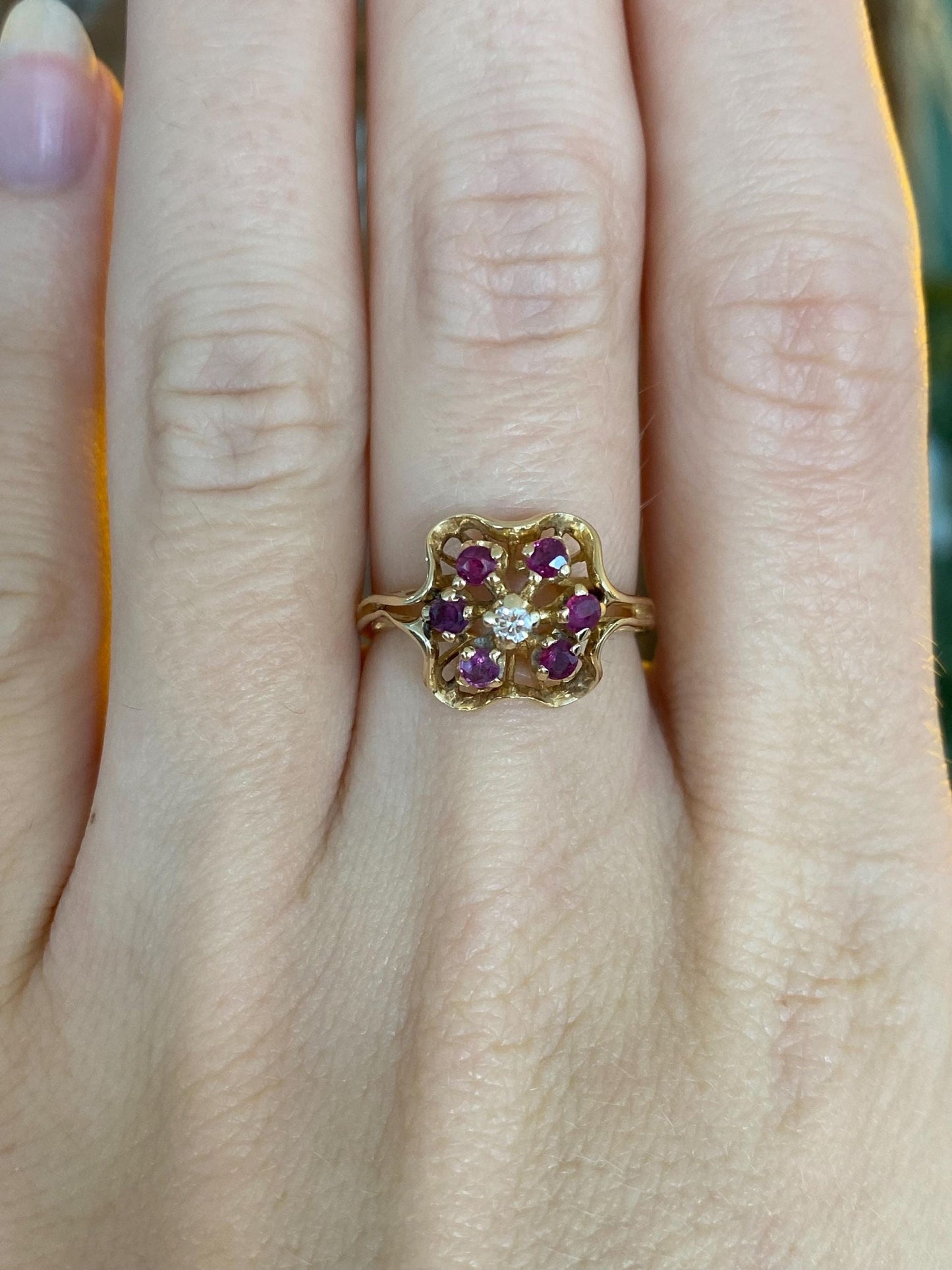 Solid 14k Yellow Gold Diamond Pink Sapphire Halo Ring - Size 6.25