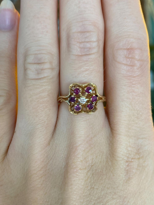 Solid 14k Yellow Gold Diamond Pink Sapphire Halo Ring - Size 6.25