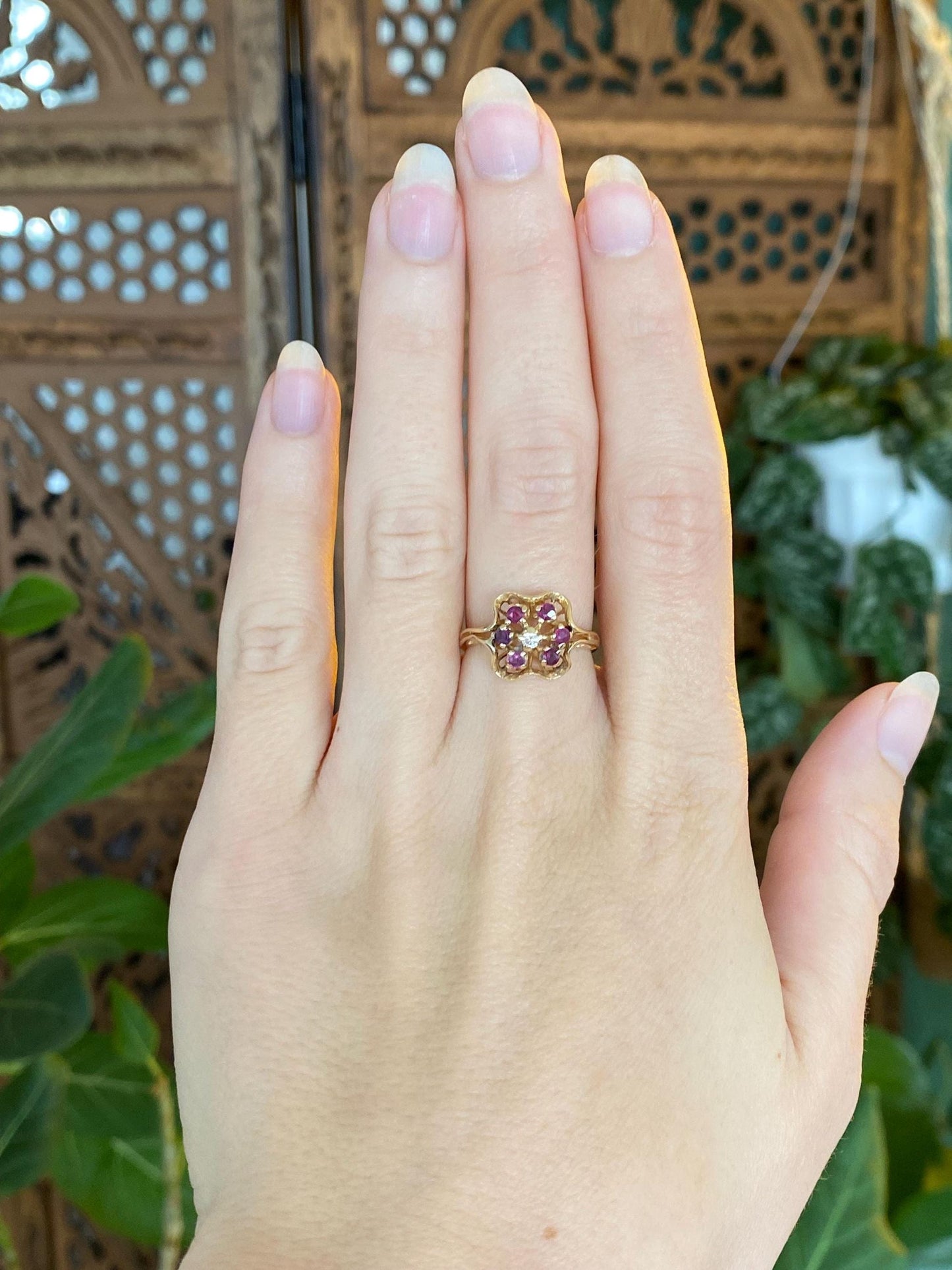 Solid 14k Yellow Gold Diamond Pink Sapphire Halo Ring - Size 6.25