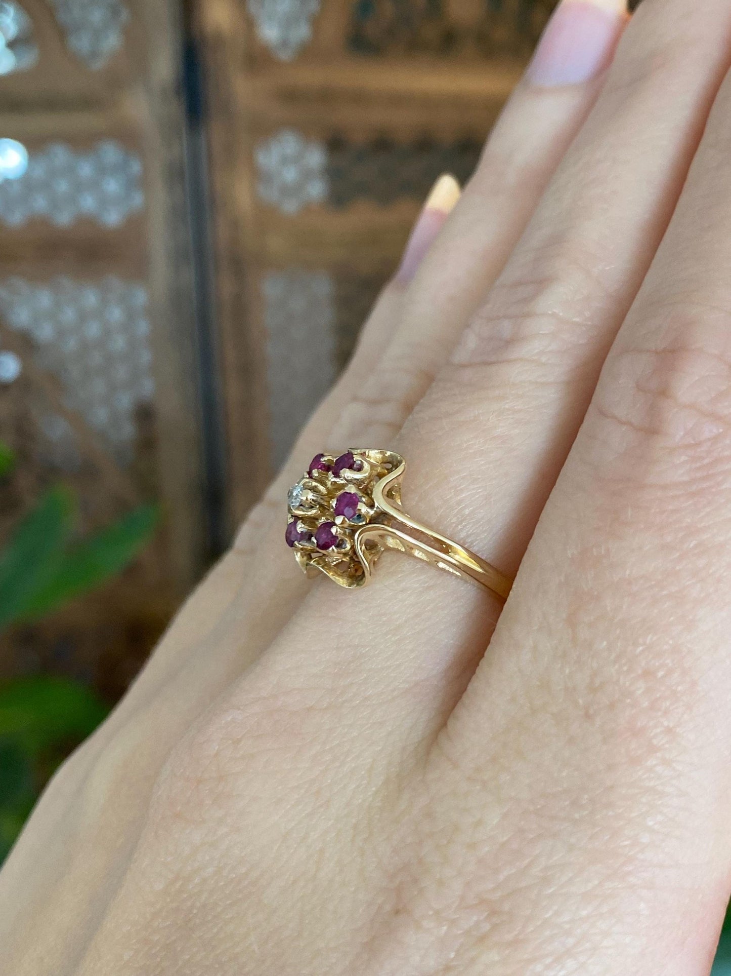 Solid 14k Yellow Gold Diamond Pink Sapphire Halo Ring - Size 6.25