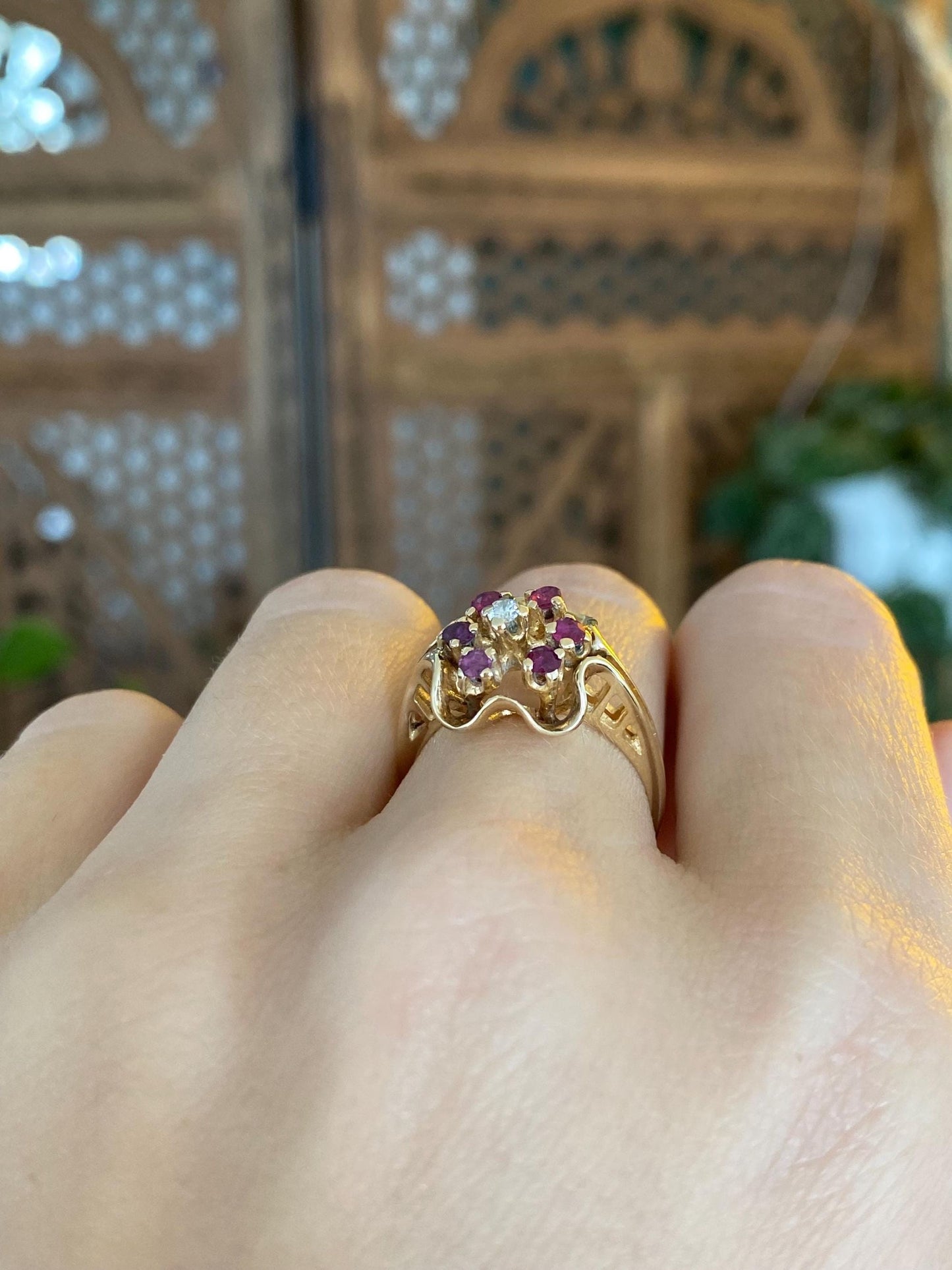 Solid 14k Yellow Gold Diamond Pink Sapphire Halo Ring - Size 6.25