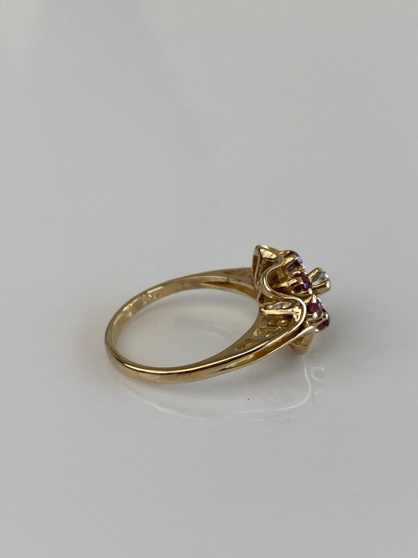 Solid 14k Yellow Gold Diamond Pink Sapphire Halo Ring - Size 6.25