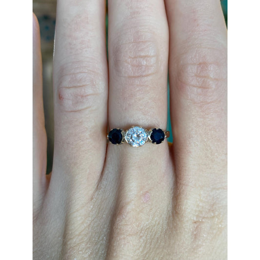 Vintage Solid 9k Yellow Gold Blue Sapphire Clear Cubic Zirconia Ring - Size 5.75