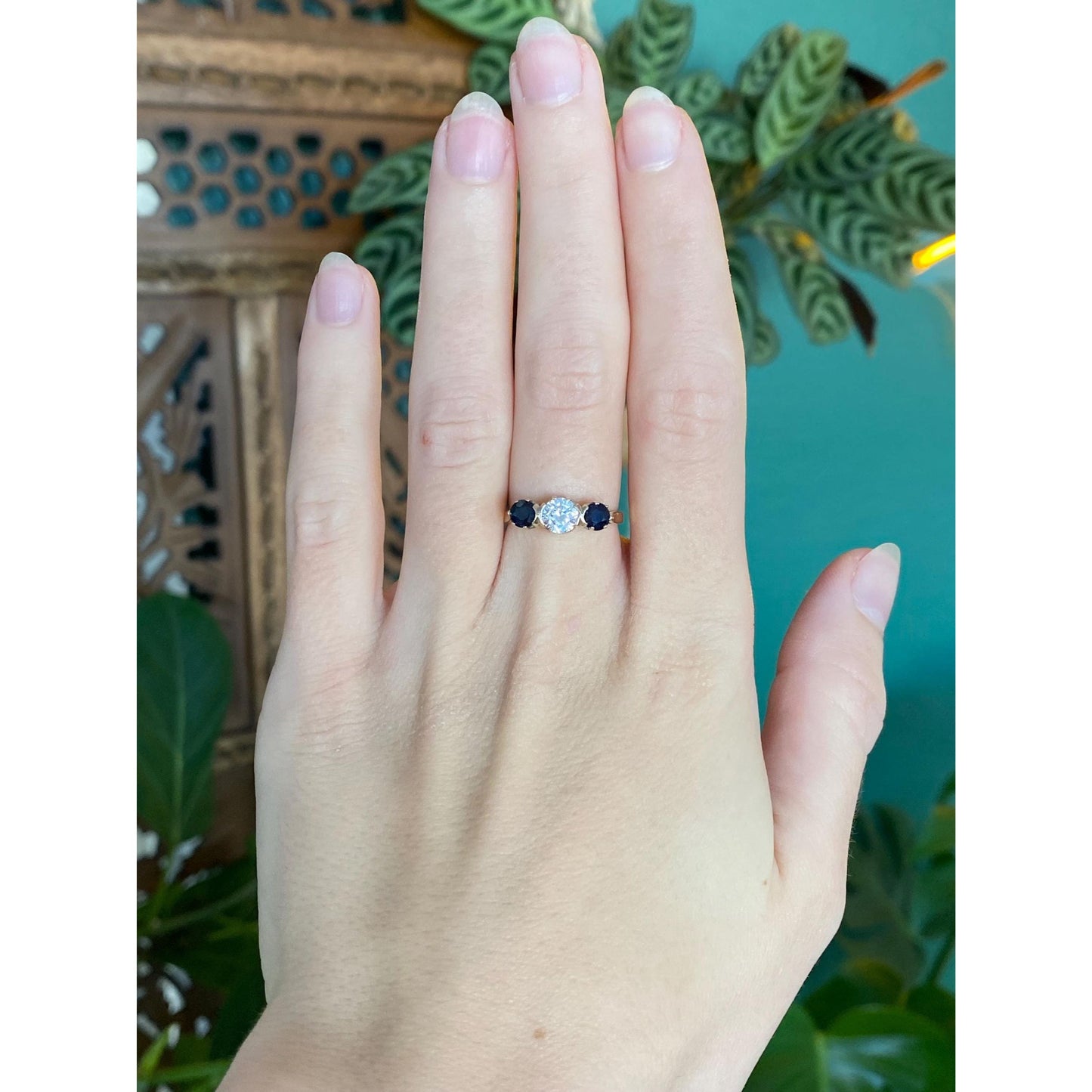 Vintage Solid 9k Yellow Gold Blue Sapphire Clear Cubic Zirconia Ring - Size 5.75