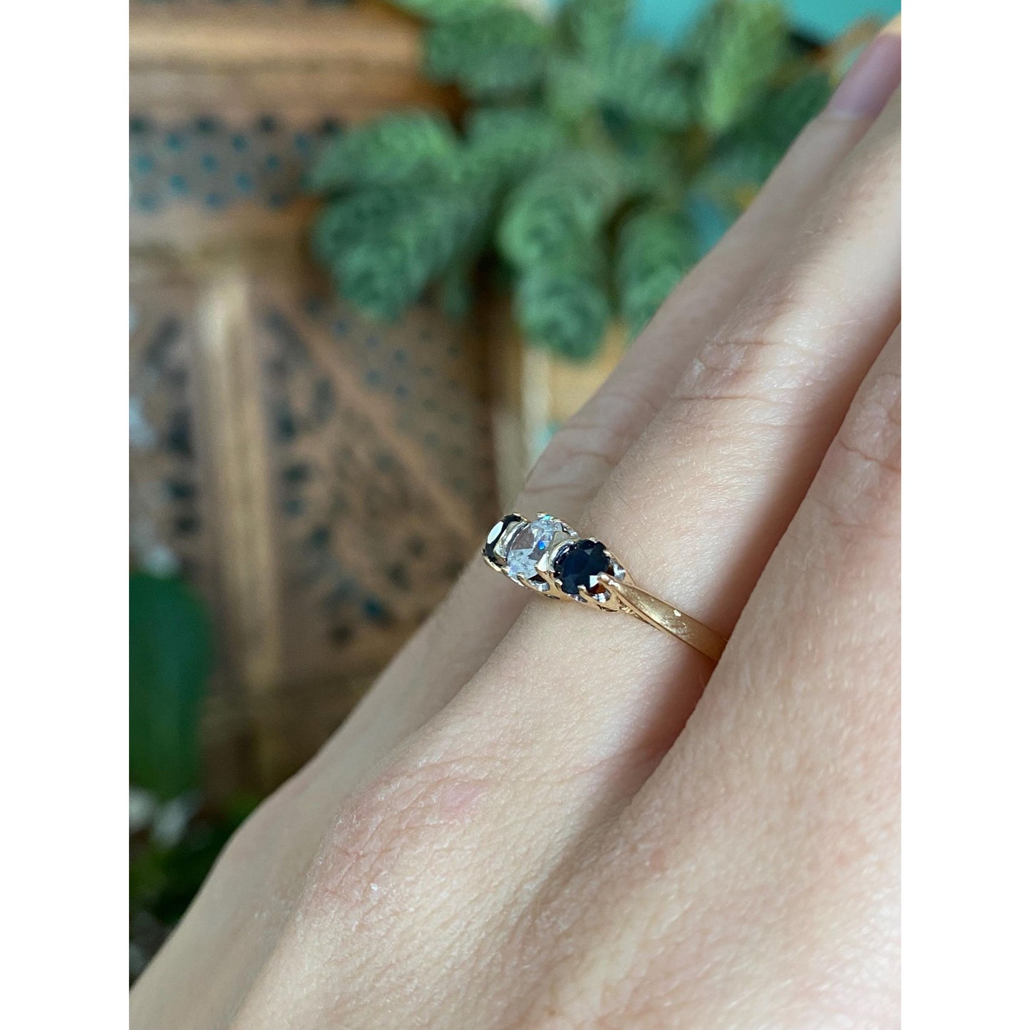 Vintage Solid 9k Yellow Gold Blue Sapphire Clear Cubic Zirconia Ring - Size 5.75