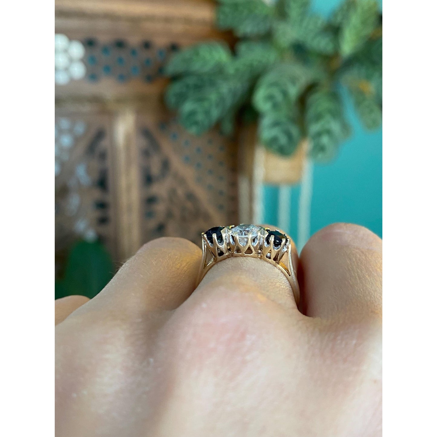 Vintage Solid 9k Yellow Gold Blue Sapphire Clear Cubic Zirconia Ring - Size 5.75