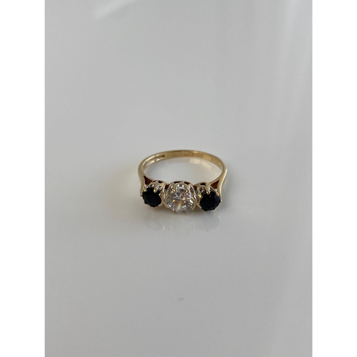 Vintage Solid 9k Yellow Gold Blue Sapphire Clear Cubic Zirconia Ring - Size 5.75