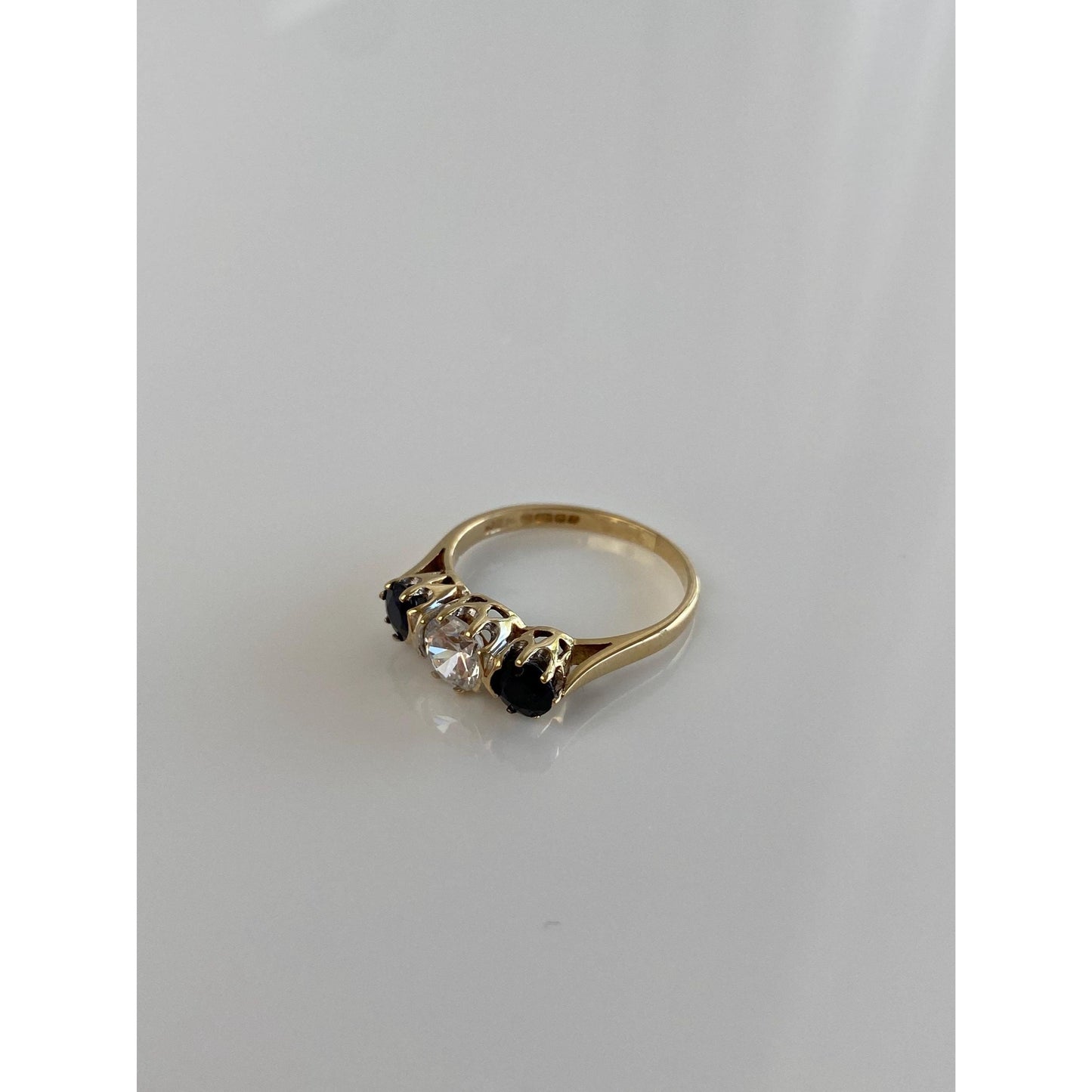 Vintage Solid 9k Yellow Gold Blue Sapphire Clear Cubic Zirconia Ring - Size 5.75