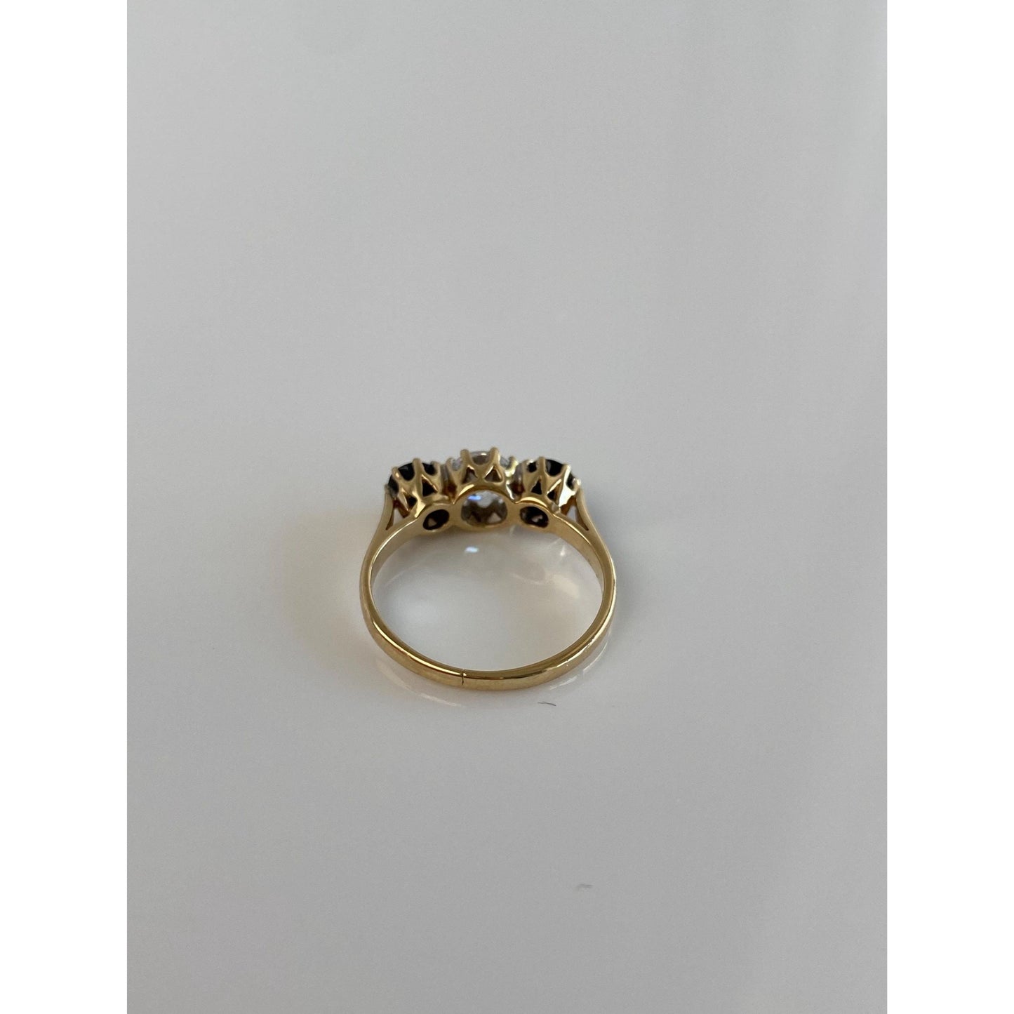 Vintage Solid 9k Yellow Gold Blue Sapphire Clear Cubic Zirconia Ring - Size 5.75