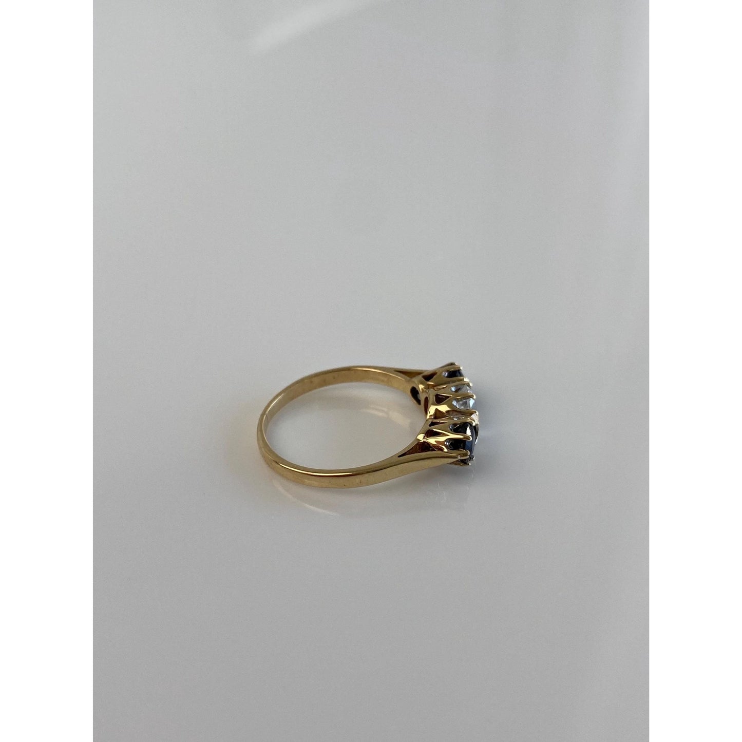 Vintage Solid 9k Yellow Gold Blue Sapphire Clear Cubic Zirconia Ring - Size 5.75