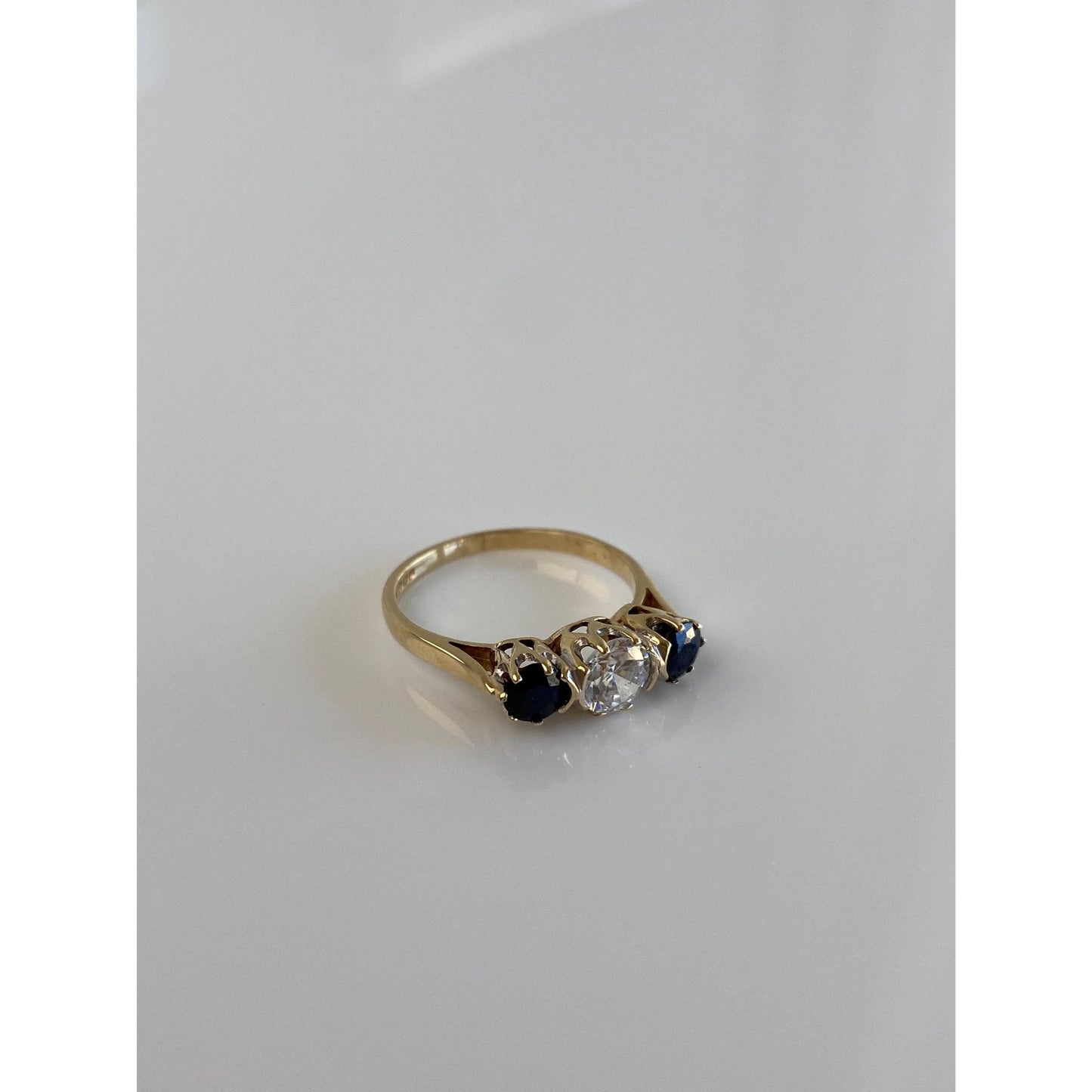 Vintage Solid 9k Yellow Gold Blue Sapphire Clear Cubic Zirconia Ring - Size 5.75