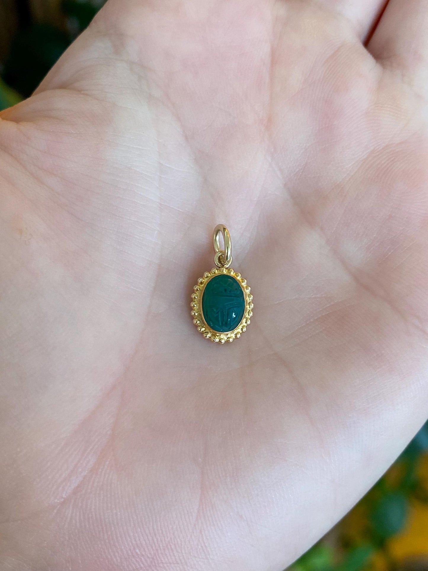 Vintage Solid 14k Yellow Gold Carved Green Chalcedony Scarab Stick Pin Conversion Charm