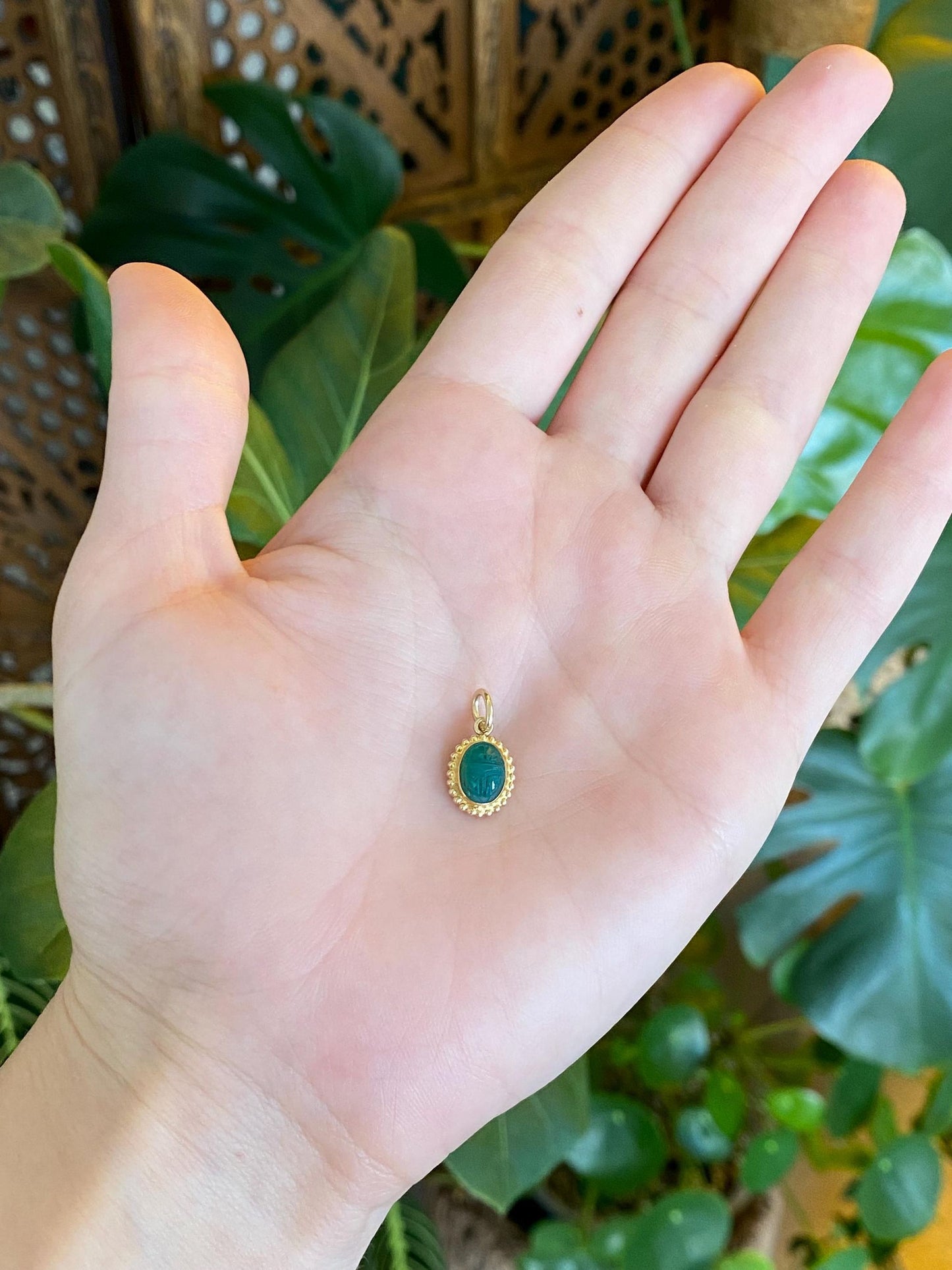 Vintage Solid 14k Yellow Gold Carved Green Chalcedony Scarab Stick Pin Conversion Charm