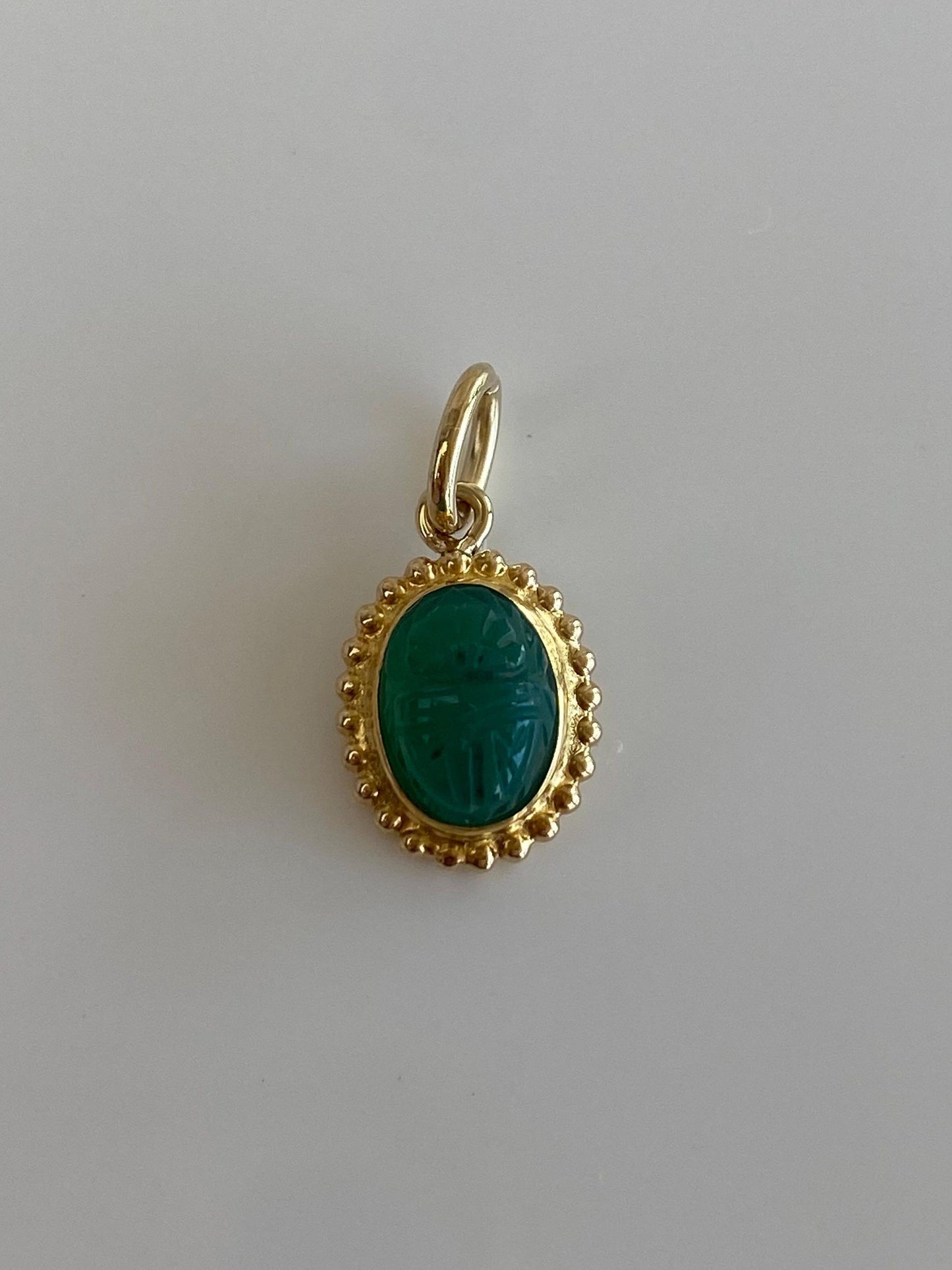 Vintage Solid 14k Yellow Gold Carved Green Chalcedony Scarab Stick Pin Conversion Charm