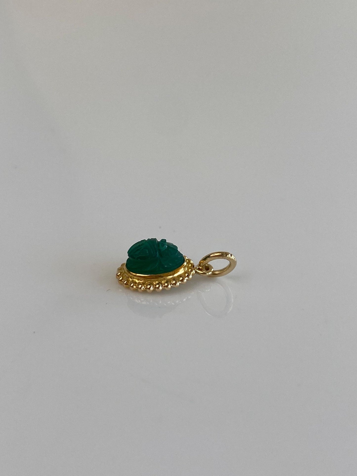 Vintage Solid 14k Yellow Gold Carved Green Chalcedony Scarab Stick Pin Conversion Charm