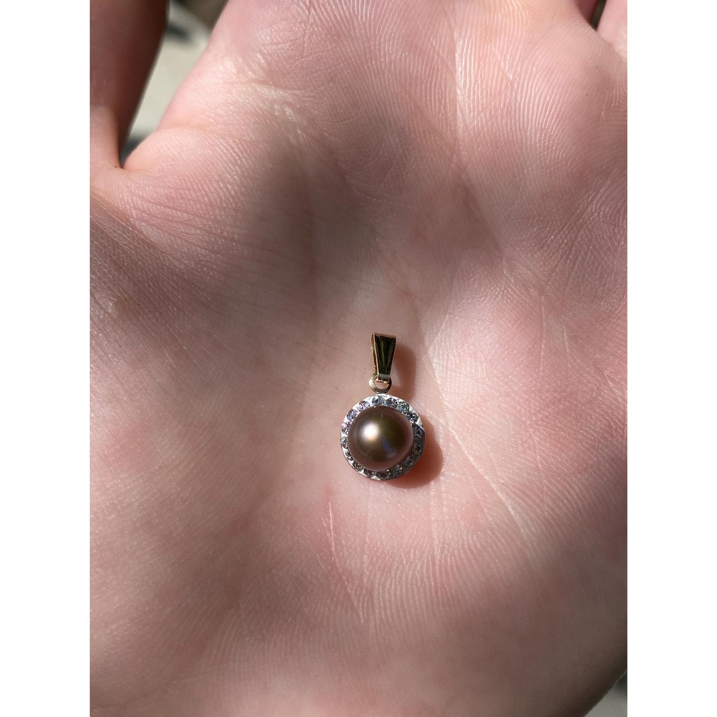 Vintage Solid 10k Yellow Gold Peacock Pearl Cubic Zirconia Halo Charm