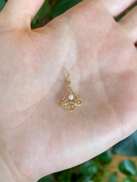 Vintage Solid 10k Yellow Gold Pearl Open Work Stick Pin Conversion Charm