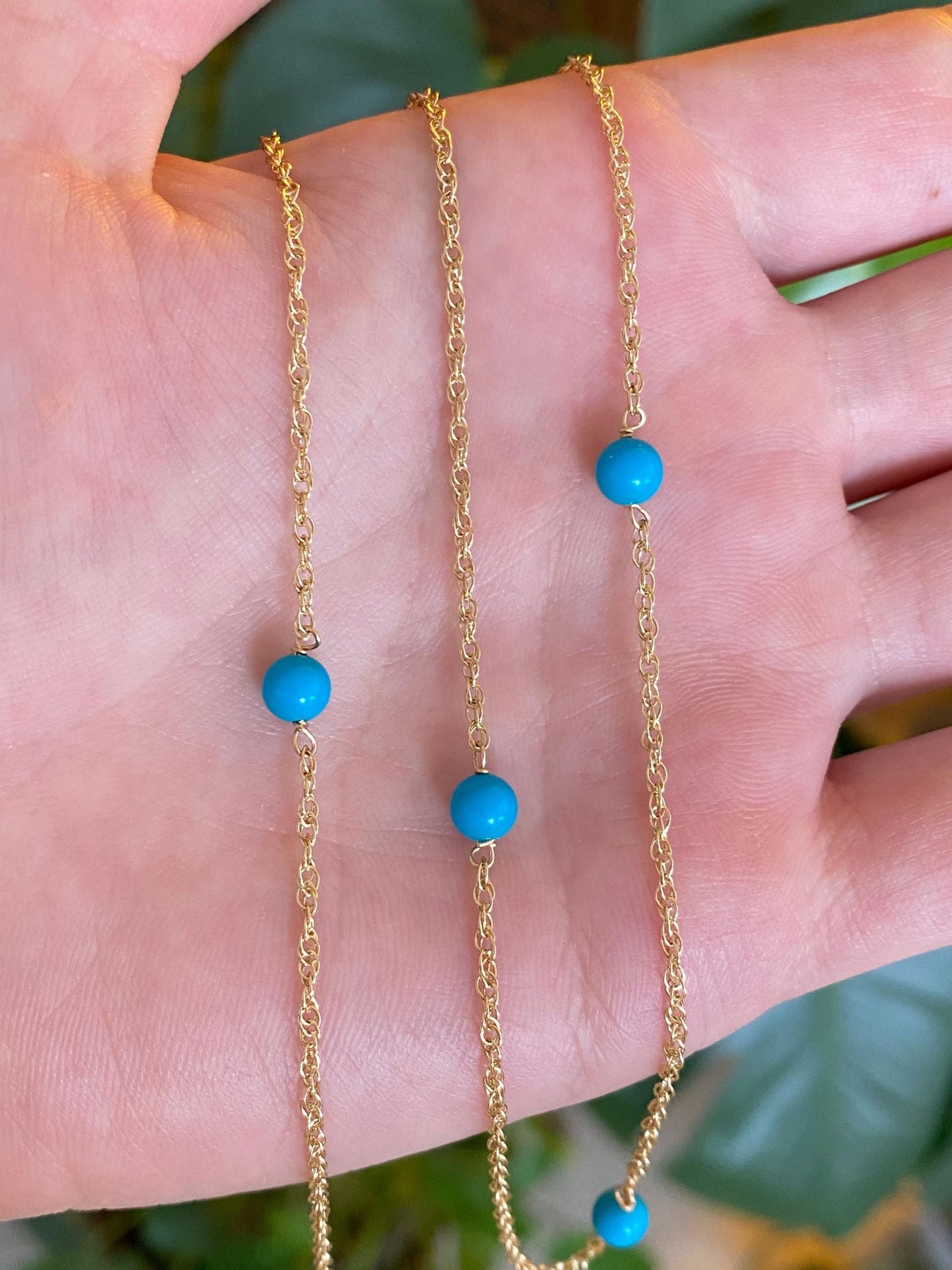 Vintage Solid 14k Yellow Gold Blue Bead Chain Necklace - 31.5 inches