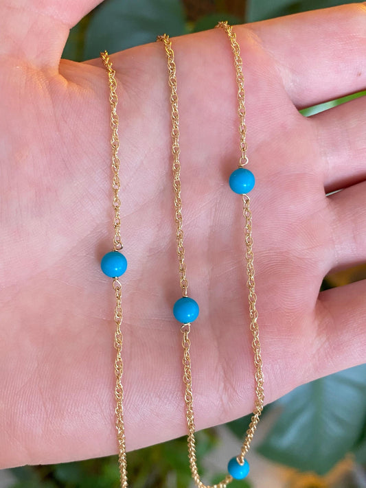 Vintage Solid 14k Yellow Gold Blue Bead Chain Necklace - 31.5 inches