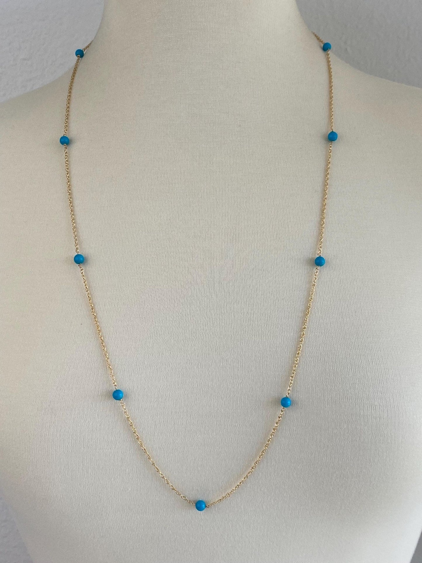 Vintage Solid 14k Yellow Gold Blue Bead Chain Necklace - 31.5 inches