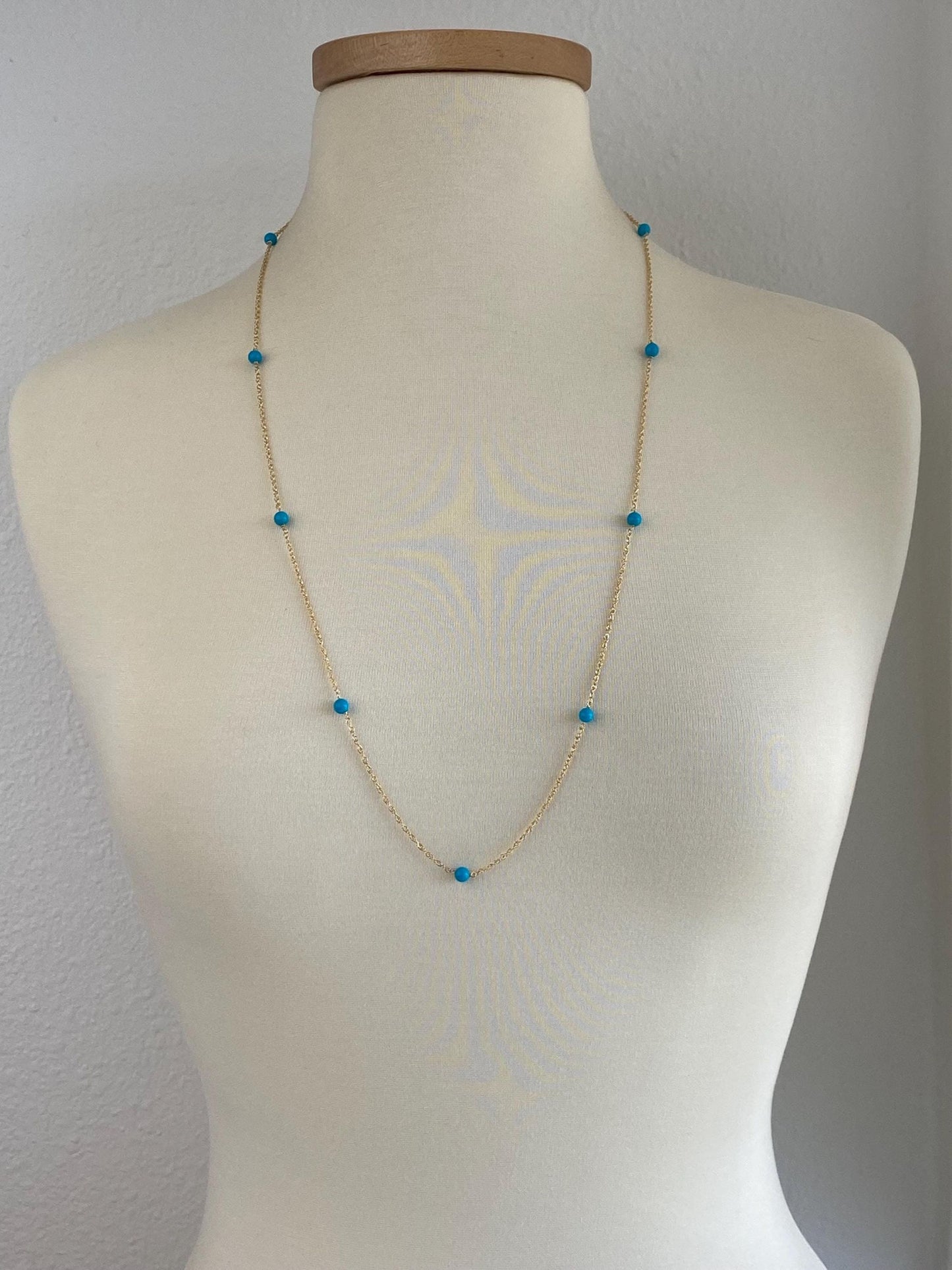 Vintage Solid 14k Yellow Gold Blue Bead Chain Necklace - 31.5 inches
