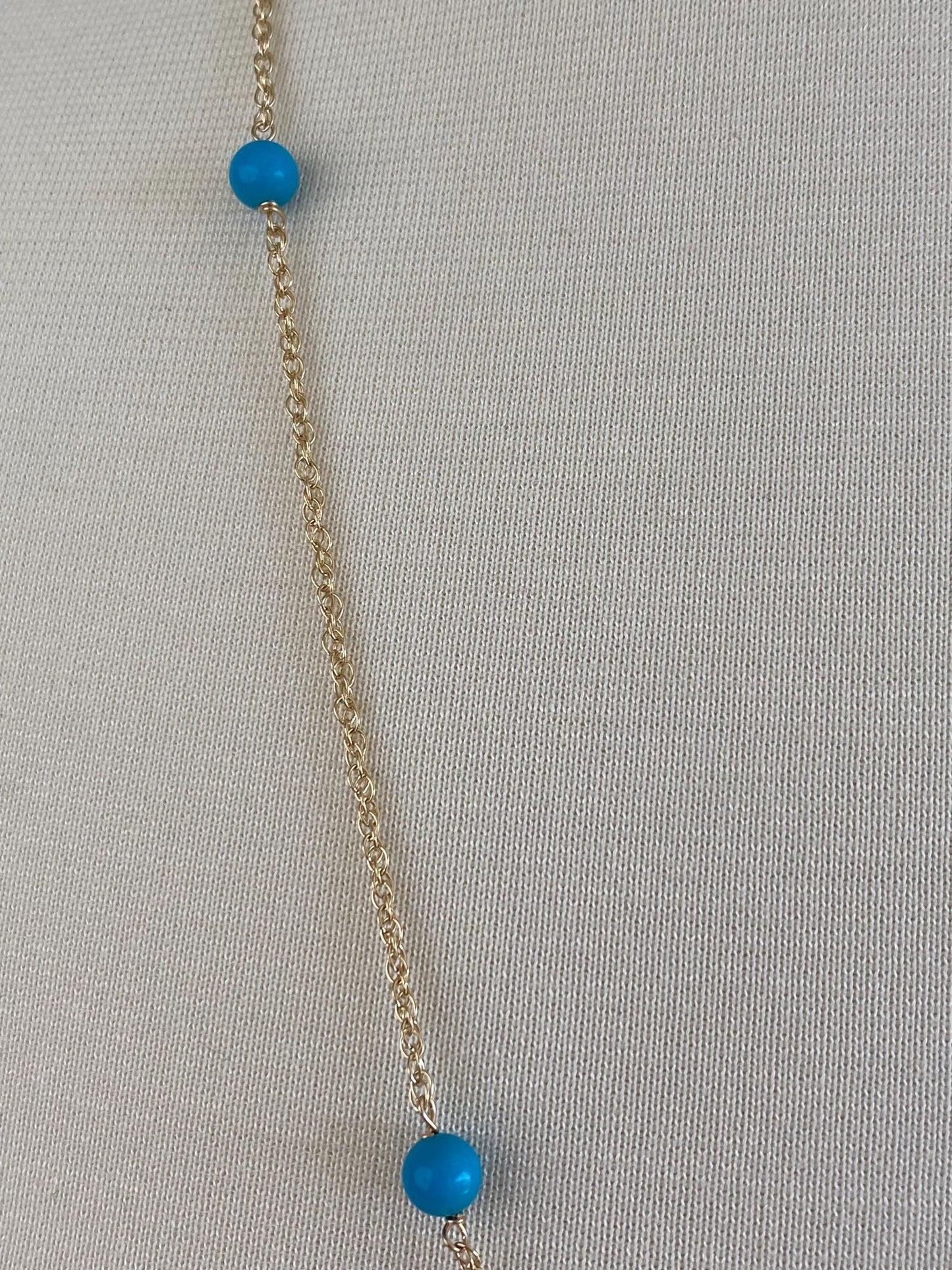 Vintage Solid 14k Yellow Gold Blue Bead Chain Necklace - 31.5 inches