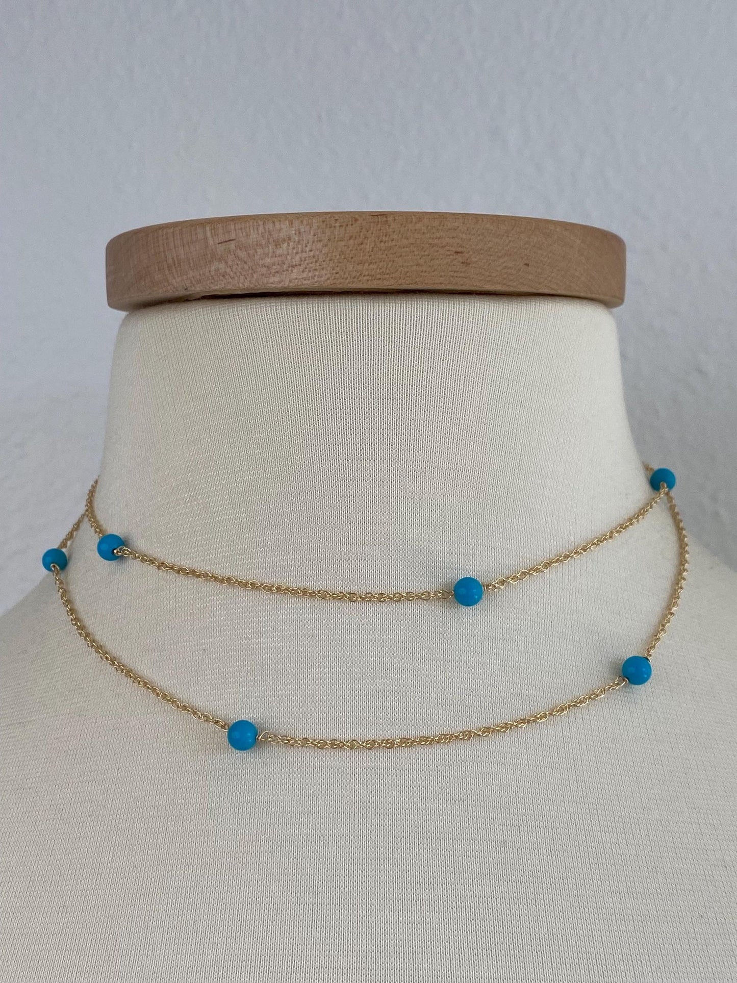 Vintage Solid 14k Yellow Gold Blue Bead Chain Necklace - 31.5 inches