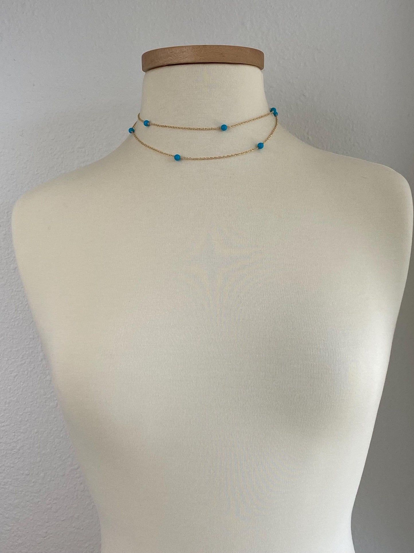 Vintage Solid 14k Yellow Gold Blue Bead Chain Necklace - 31.5 inches