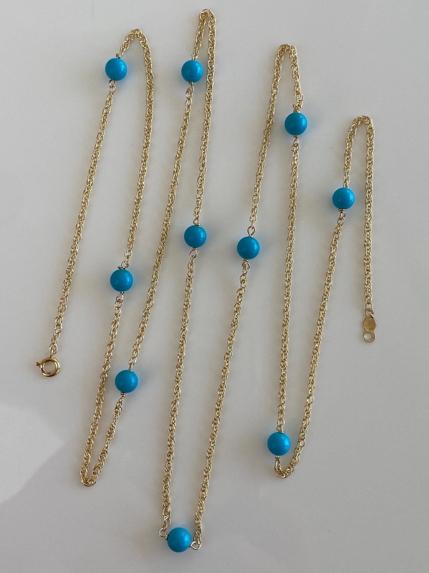 Vintage Solid 14k Yellow Gold Blue Bead Chain Necklace - 31.5 inches