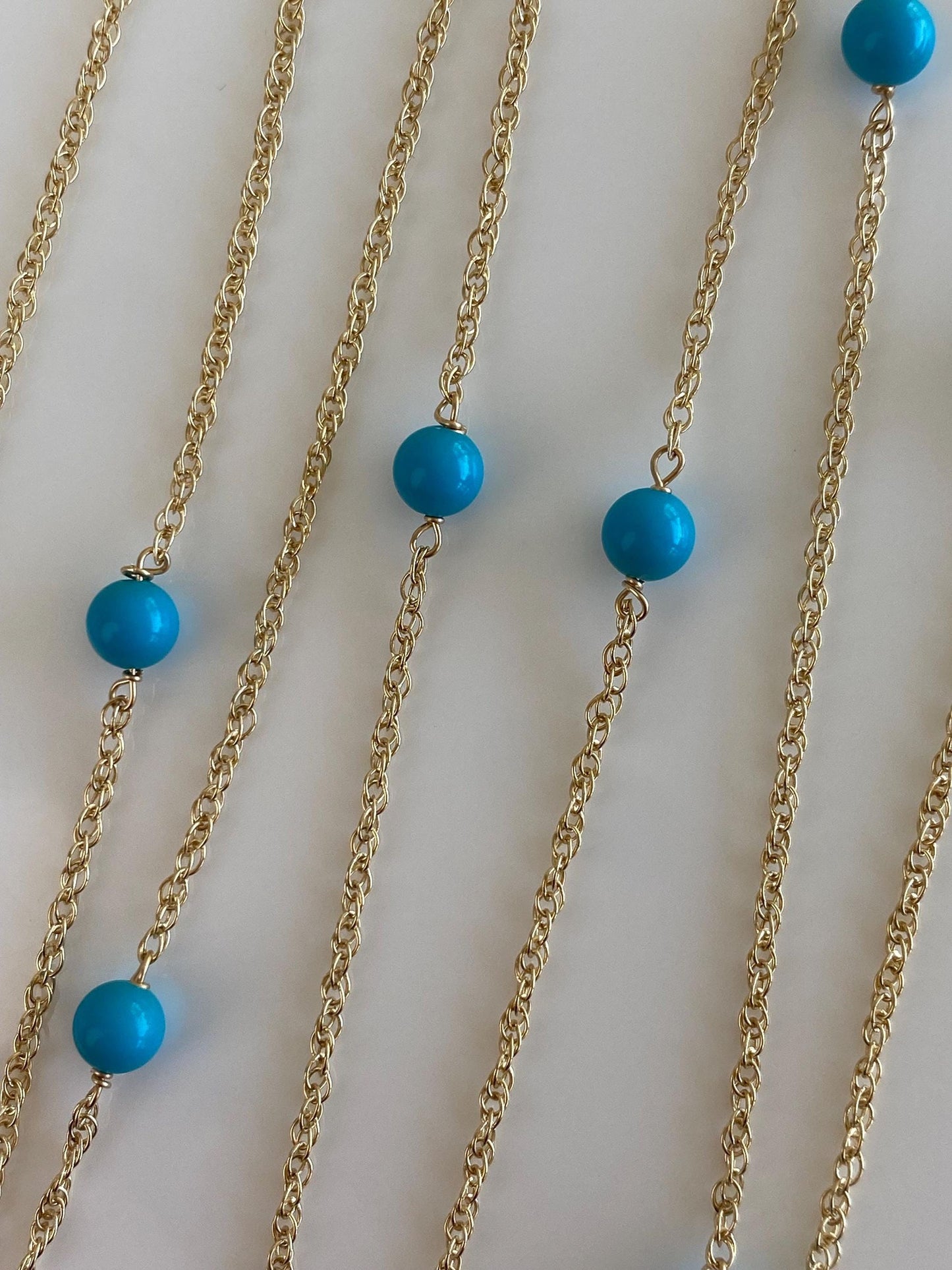 Vintage Solid 14k Yellow Gold Blue Bead Chain Necklace - 31.5 inches