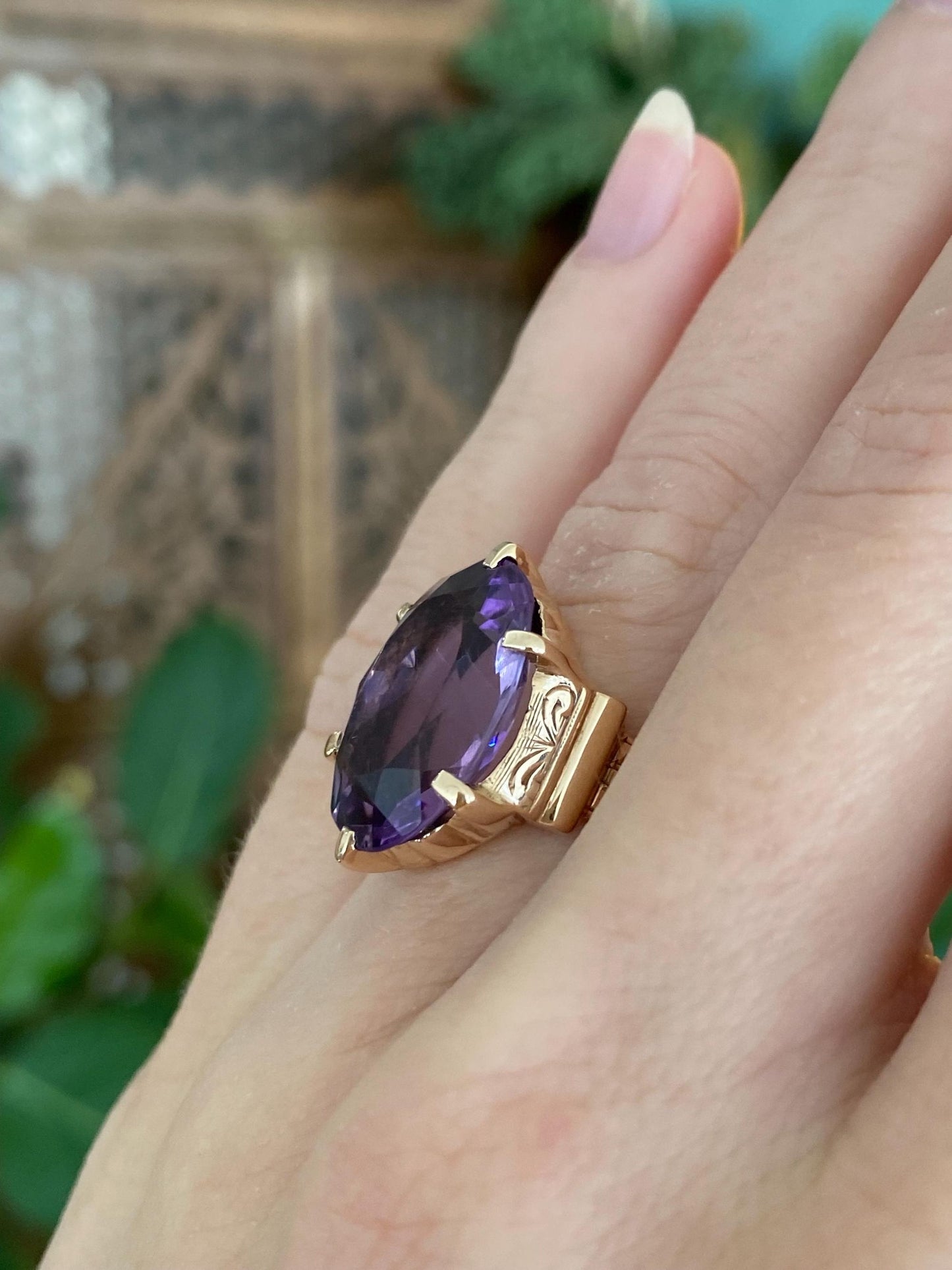 Vintage Solid 10k Rosey Gold Amethyst Ring - Size 3.75
