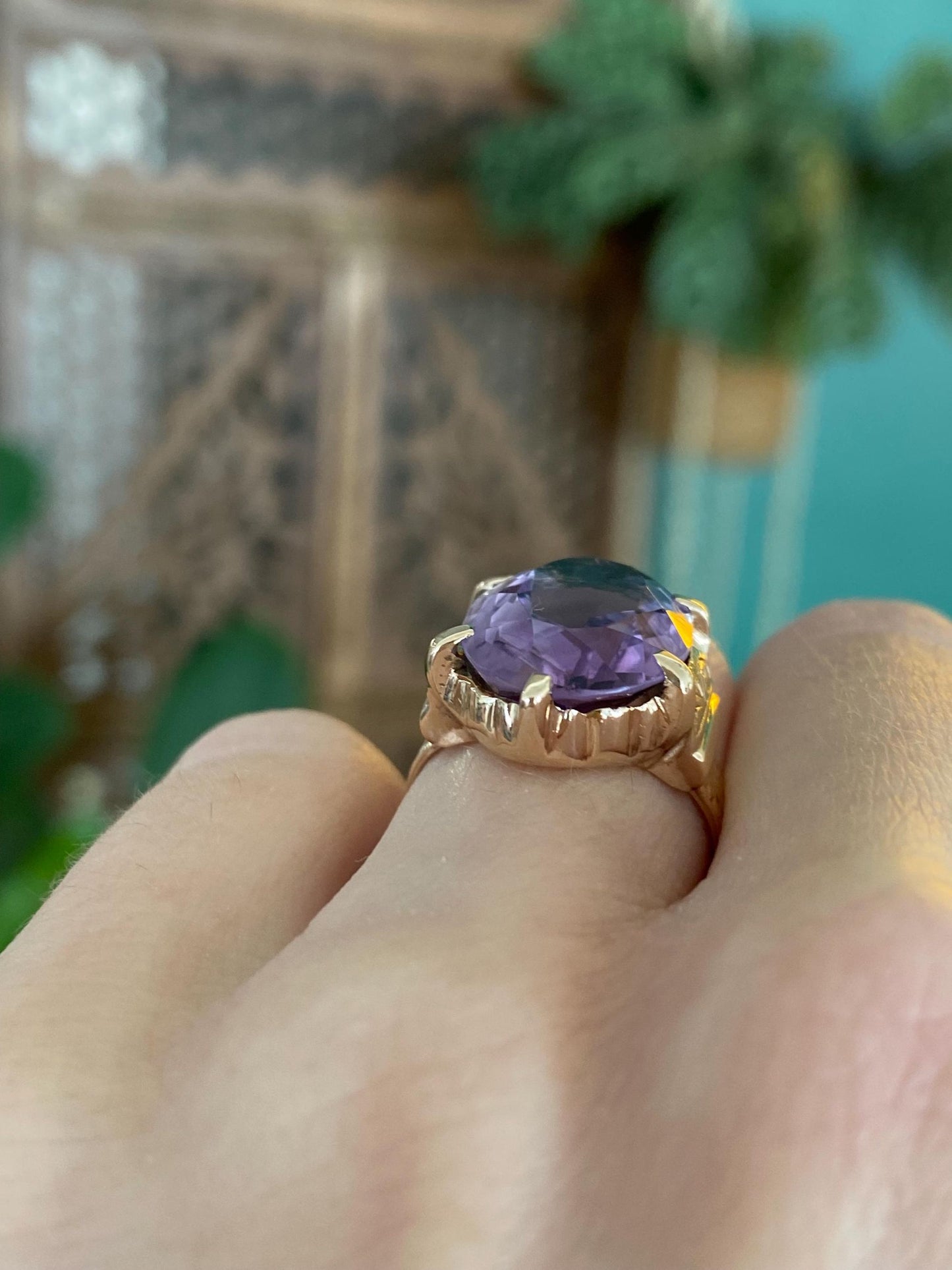 Vintage Solid 10k Rosey Gold Amethyst Ring - Size 3.75