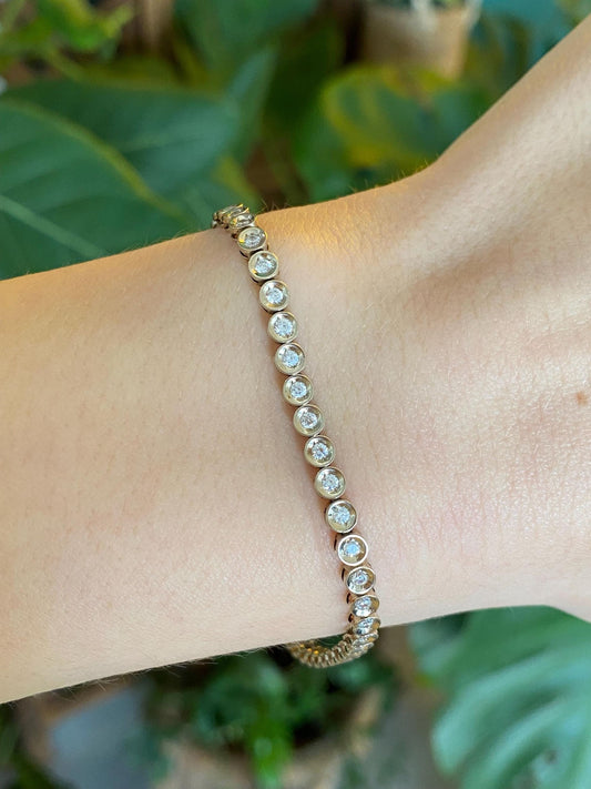 Solid 14k White Gold Bezel Set Cubic Zirconia Link Bracelet - 7 inches