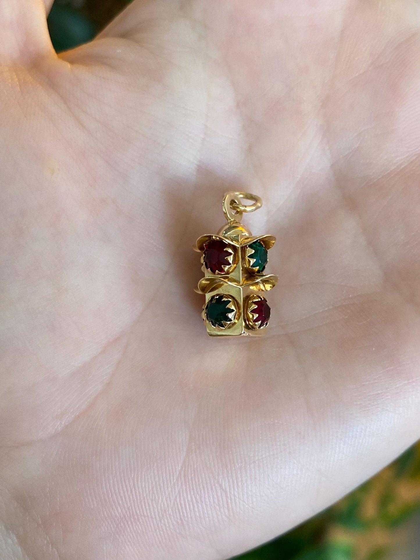 Vintage Solid 18k Yellow Gold Red & Green Cubic Zirconia Stoplight Charm