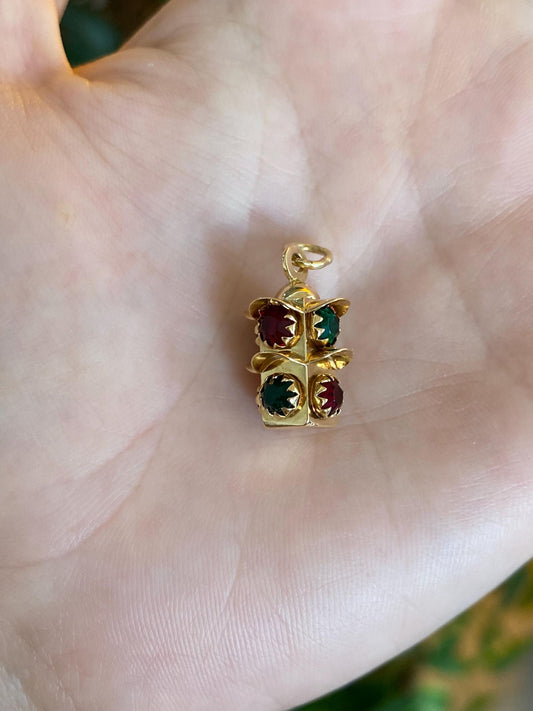 Vintage Solid 18k Yellow Gold Red & Green Cubic Zirconia Stoplight Charm