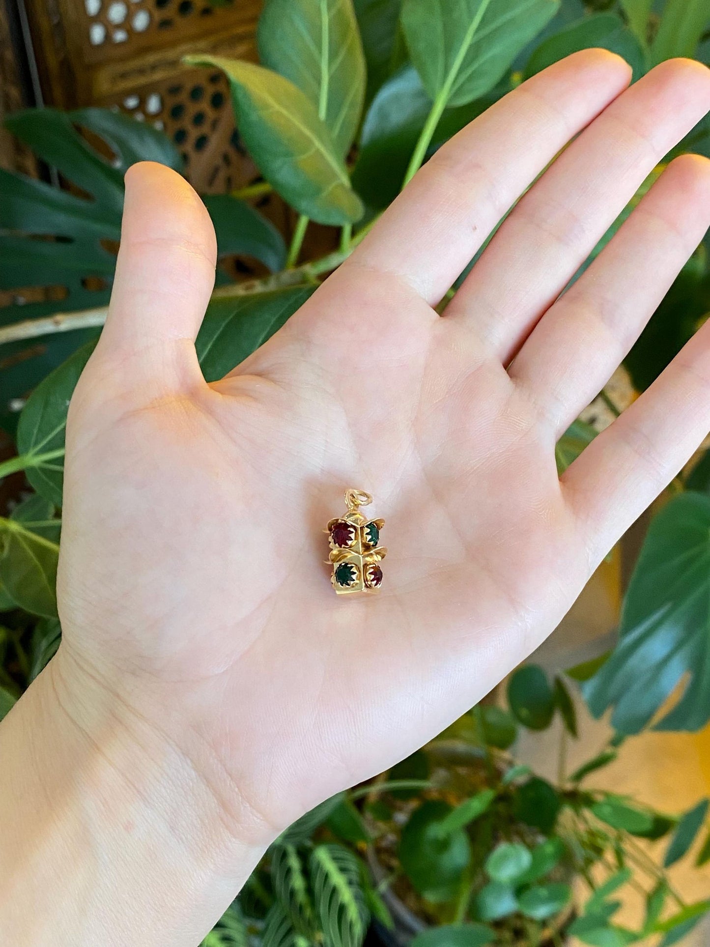 Vintage Solid 18k Yellow Gold Red & Green Cubic Zirconia Stoplight Charm