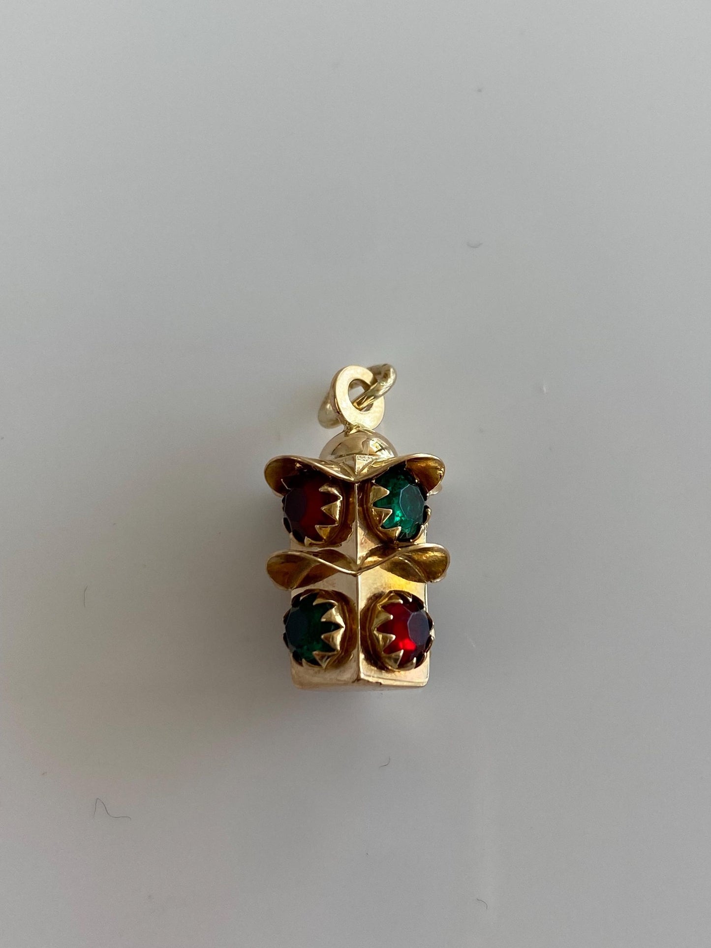 Vintage Solid 18k Yellow Gold Red & Green Cubic Zirconia Stoplight Charm