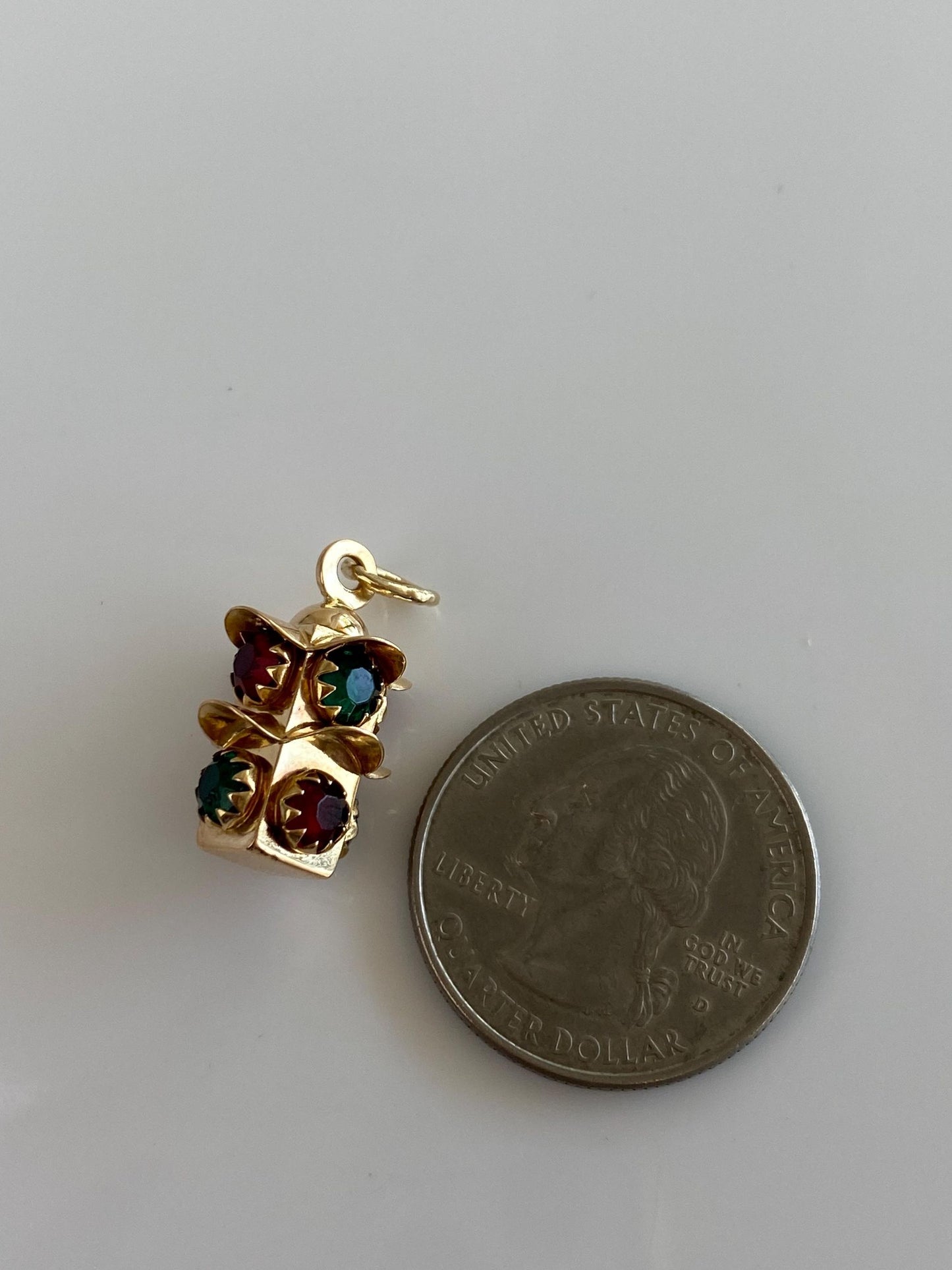 Vintage Solid 18k Yellow Gold Red & Green Cubic Zirconia Stoplight Charm