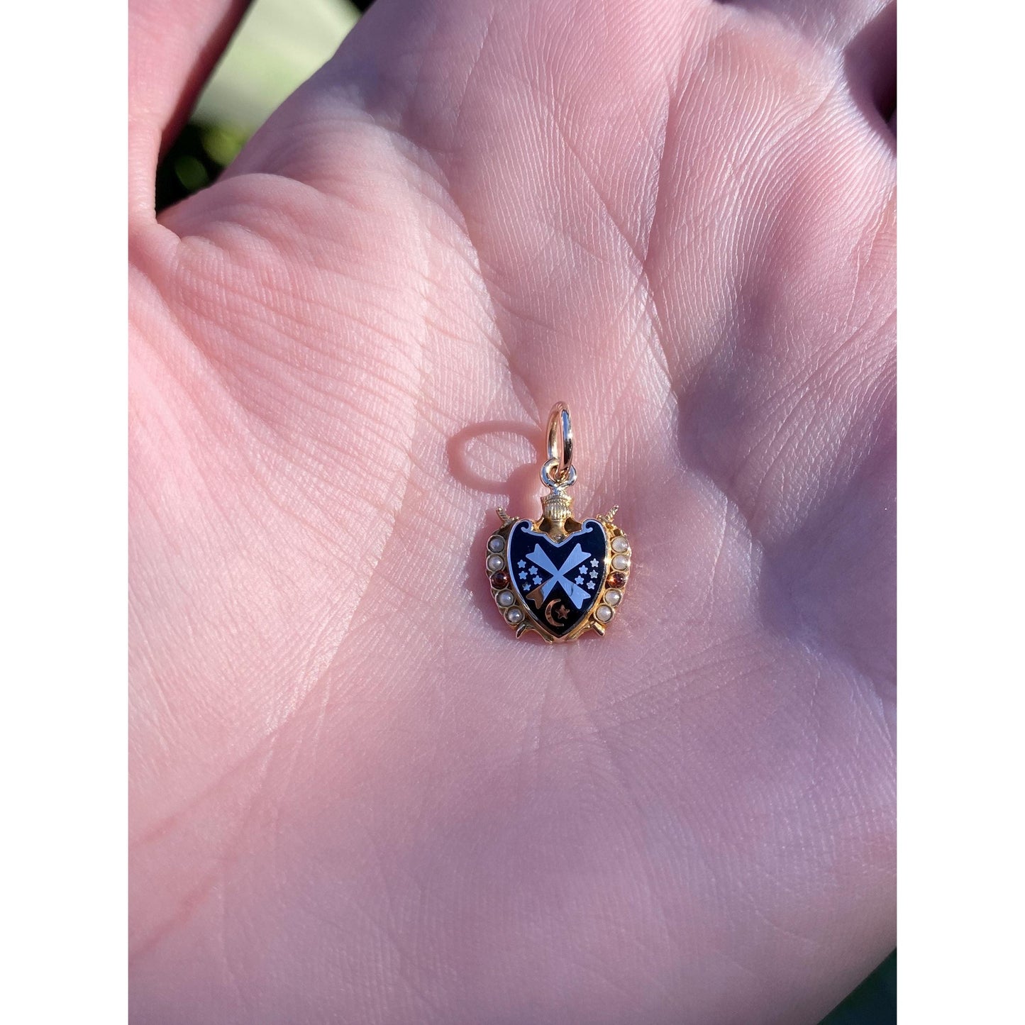 Vintage Solid 10k Yellow Gold Enamel Seed Pearl Shield Charm