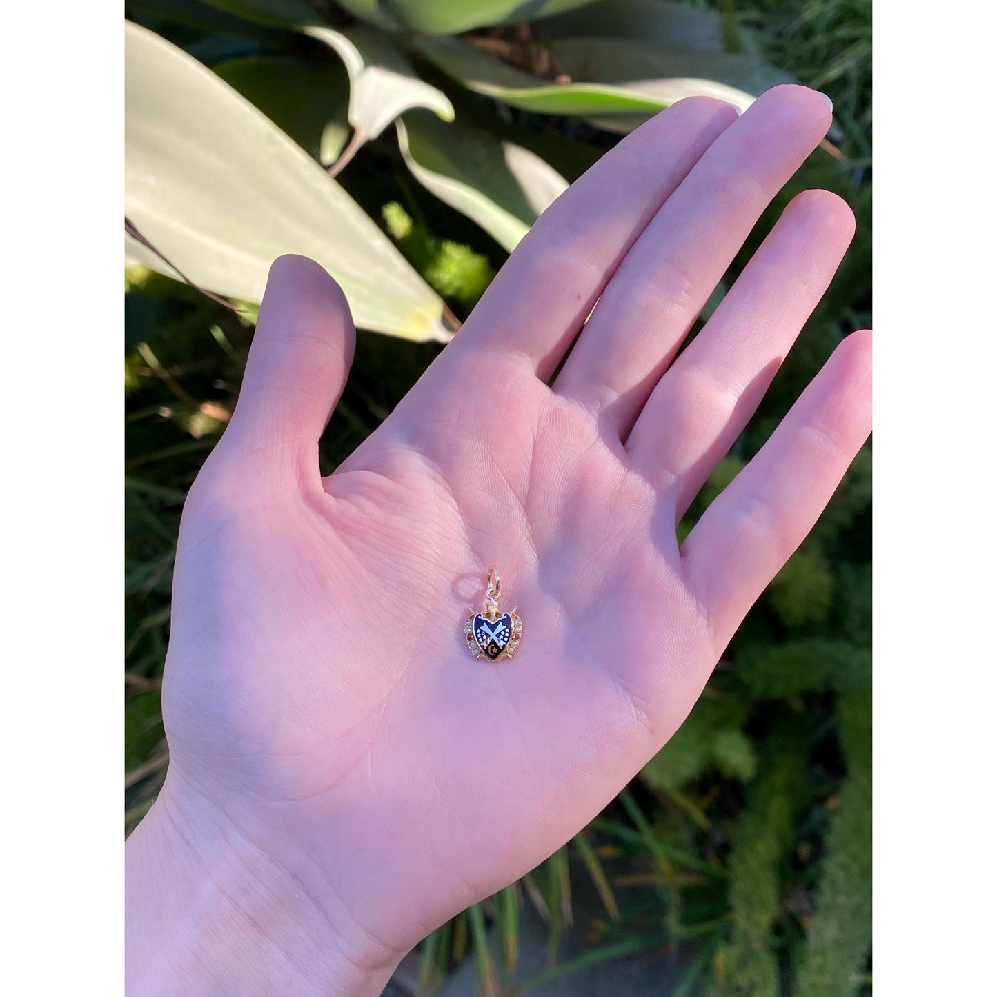 Vintage Solid 10k Yellow Gold Enamel Seed Pearl Shield Charm